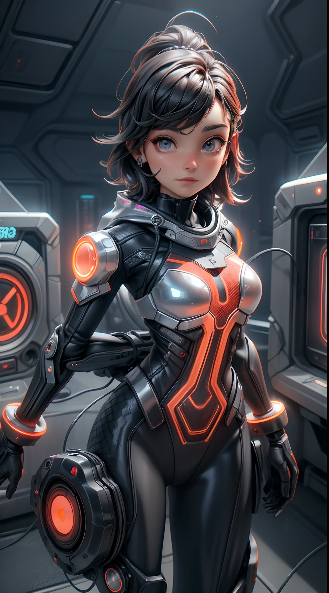 motor irreal:1.4,UHD,La mejor calidad:1.4, fotorrealista:1.4, textura de la piel:1.4, obra maestra:1.8,posing from behind Hermosa mujer,(Protogen hembra),cyberpunk,mechanic,ojos brillantes,orange metallic surface,Pantalla digital,advanced technology,futuristic,red Neon lights,electromagnetic field,bordes afilados,Aerodynamic design,Organismo digital,biomech,Mysterious atmosphere,Visera de vidrio,Sentidos mejorados,energetic pose,Circuitos invisibles,Holographic projections,cables de colores,cyborg hembra,((La mano consiste en un pulgar corto y cuatro dedos,mano con solo cinco dedos,(Cara detallada)))