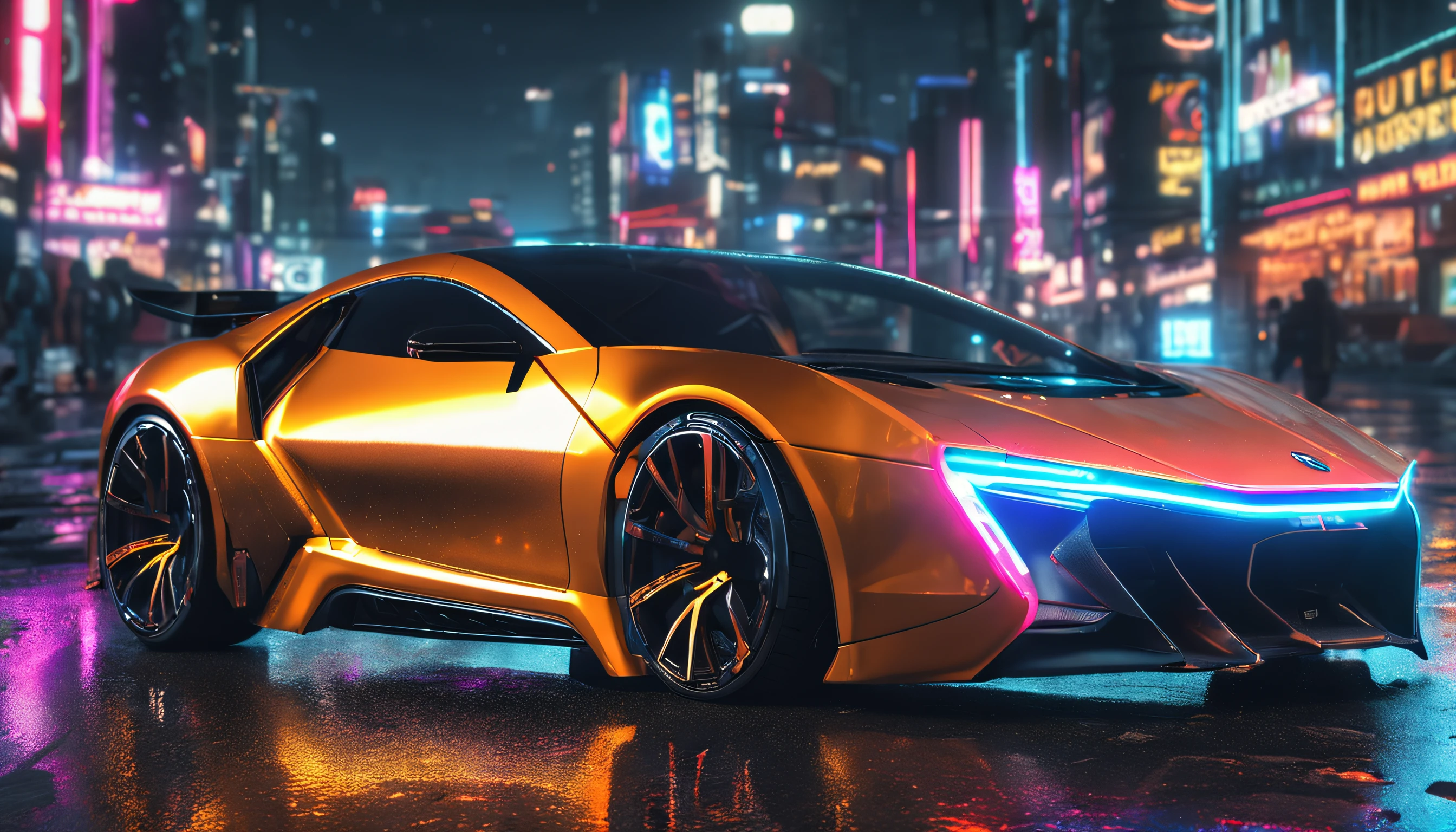 Ominous futuristic car, Wet reflective pavement, iridescent paint, highly detailed rims, glowing rims, View from the front, Futuristic city background, prime time, [Cyberpunk Night City:1.3], 8K DSLR, Sharp, tack sharp, Intricate details, Masterpiece, Golden ratio, Highest quality, hdr, Photorealistic, insane quality, Best quality, Extremely detailed, Highest detail, Highly detailed, Incredibly detailed, Detailed, Realistic, 8K  UHD, High quality