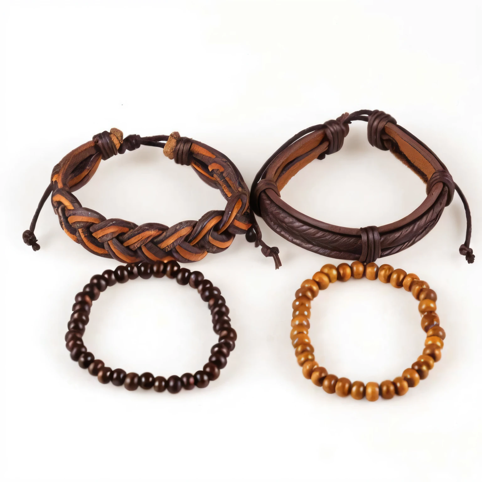 three bracelets with wooden beads and leather cords on a white surface, bracelets, brown ) ), leather jewelry, brown:-2, leather cuffs around wrists, beads, ethnic, bracelets and necklaces, black and brown colors, elegent, wooden jewerly, e621, h 7 0 4, 1 male, composite, layered, natural, a wooden