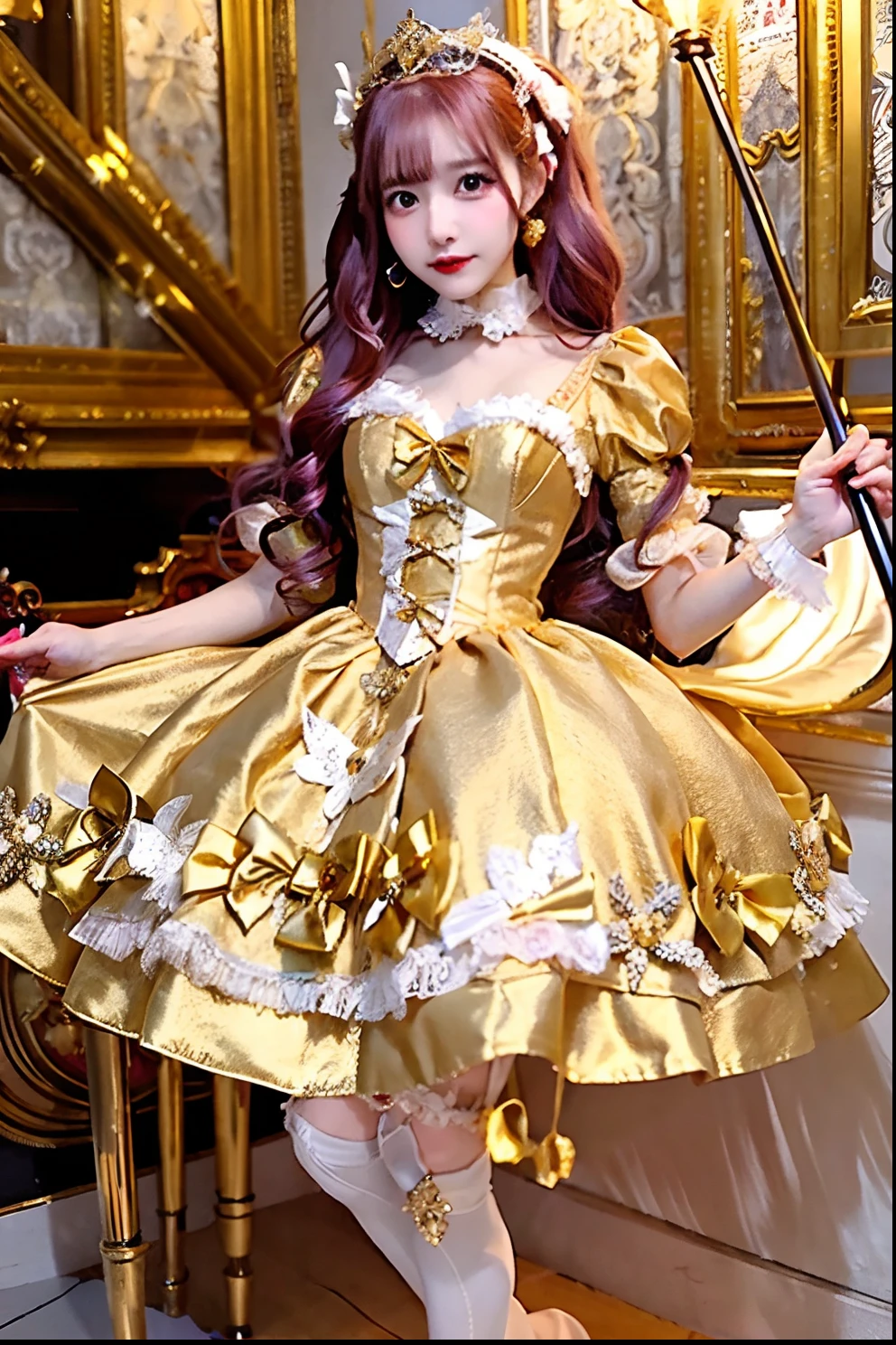 Gold satin dress with cane and crown alafe, fantasy dress, magical dress, dreamy style, very magical and dreamy, ****ta Fashion, ethereal fairy tale, fairycore, fantasy outfit, wearing fantasy formal clothing, angelic pretty, dreamy and detailed, ****ta style, fantasy style clothing, rococo dress, Fantasy aesthetics!, romantic dress