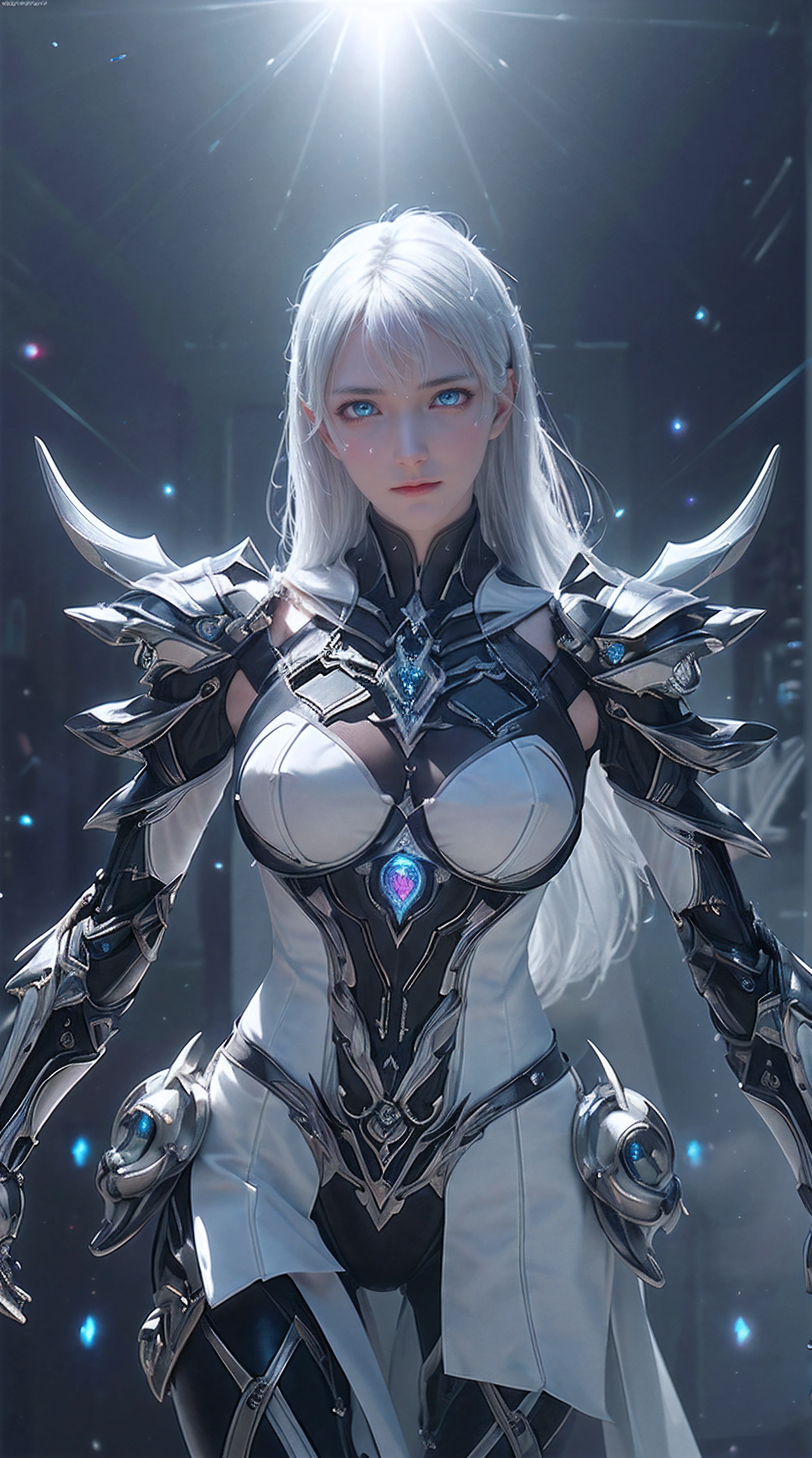 (from front:1.5), (1mechanical girl:1.5),full body, solo, Slim waist, thick thighs, (machine made joints:1.2),(machanical limbs:1.1),(blood vessels connected to tubes),(mechanical vertebra attaching to back),(mechanical cervial attaching to neck), lights on armor, mecha headglass, (Luminous Arms:1.5), (laser eyes:1.5), expressionless, huge breast,
colorful,hdr, ray tracing, nvidia rtx, super-resolution, unreal 5, subsurface scattering, pbr texturing, post-processing, anisotropic filtering, depth of field, maximum clarity and sharpness, rule of thirds, 16k raw, (luminescent particles:1.4), extremely detailed cg, unity 8k wallpaper, 3d, cinematic lighting, lens flare, reflections, sharp focus, cyberpunk art, realistic, highly detailed CG illustration, an extremely delicate and beautiful, cinematic light, (photorealistic:1.5), (Dark background:1.5),dynamic angle, masterpiece, best quality, ultra-detailed, illustration, detailed light, dramatic_shadow,face shadow,extra detailed,best performance,