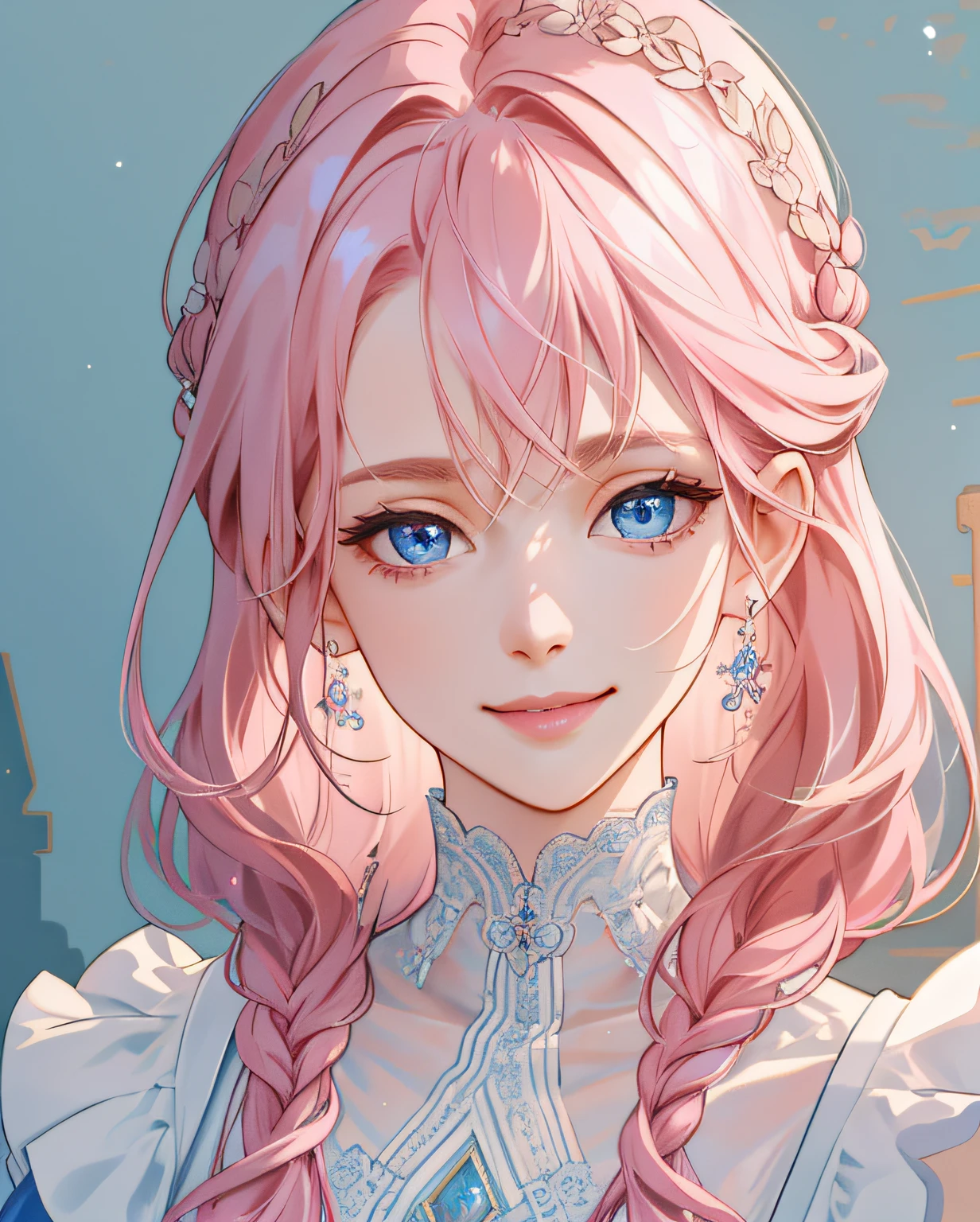 (extremely delicate and beautiful:1.2), 8k,(masterpiece:1.0),(best_quality:1.0), 1girl, mature woman, complex details, enlarged textures, complex details, finely detailed eyes and detailed face, intricate details, single braid pink hair, smile face, perfect eyes (blue eyes), equal eyes, (goddess)
