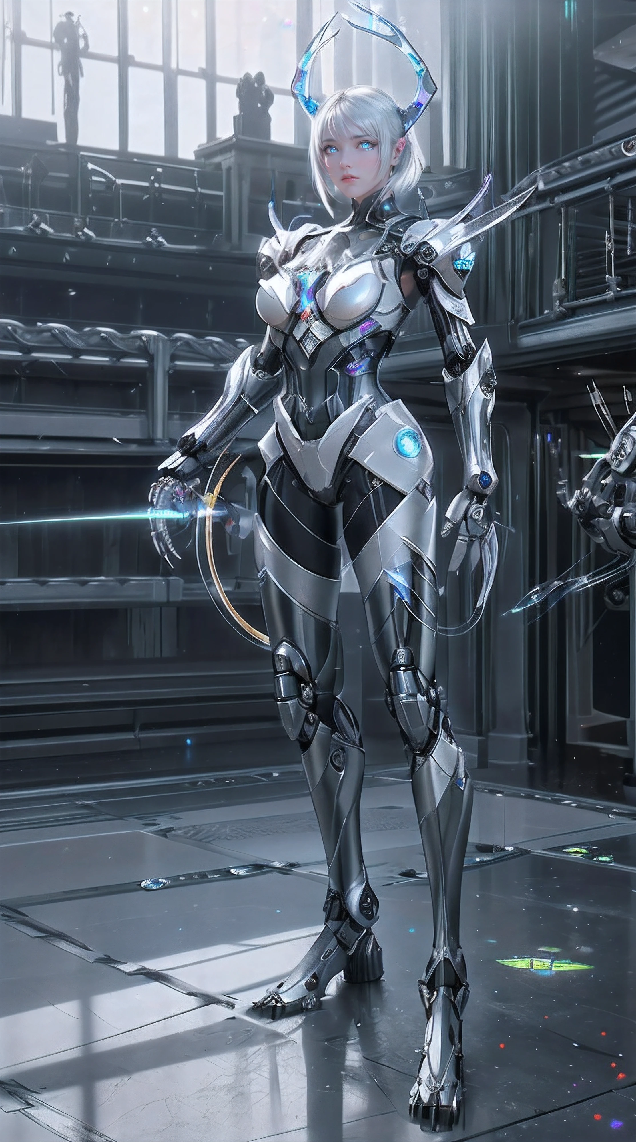 best quality, 32k, RAW photo, incredibly absurdres, extremely detailed, robot with a beautiful form and seamless shiny iridescent chrome plating, blue led eyes, female