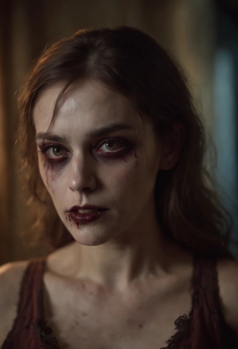 hot zombie girl in a haunted house, realism, naked, full body shot, head to foot