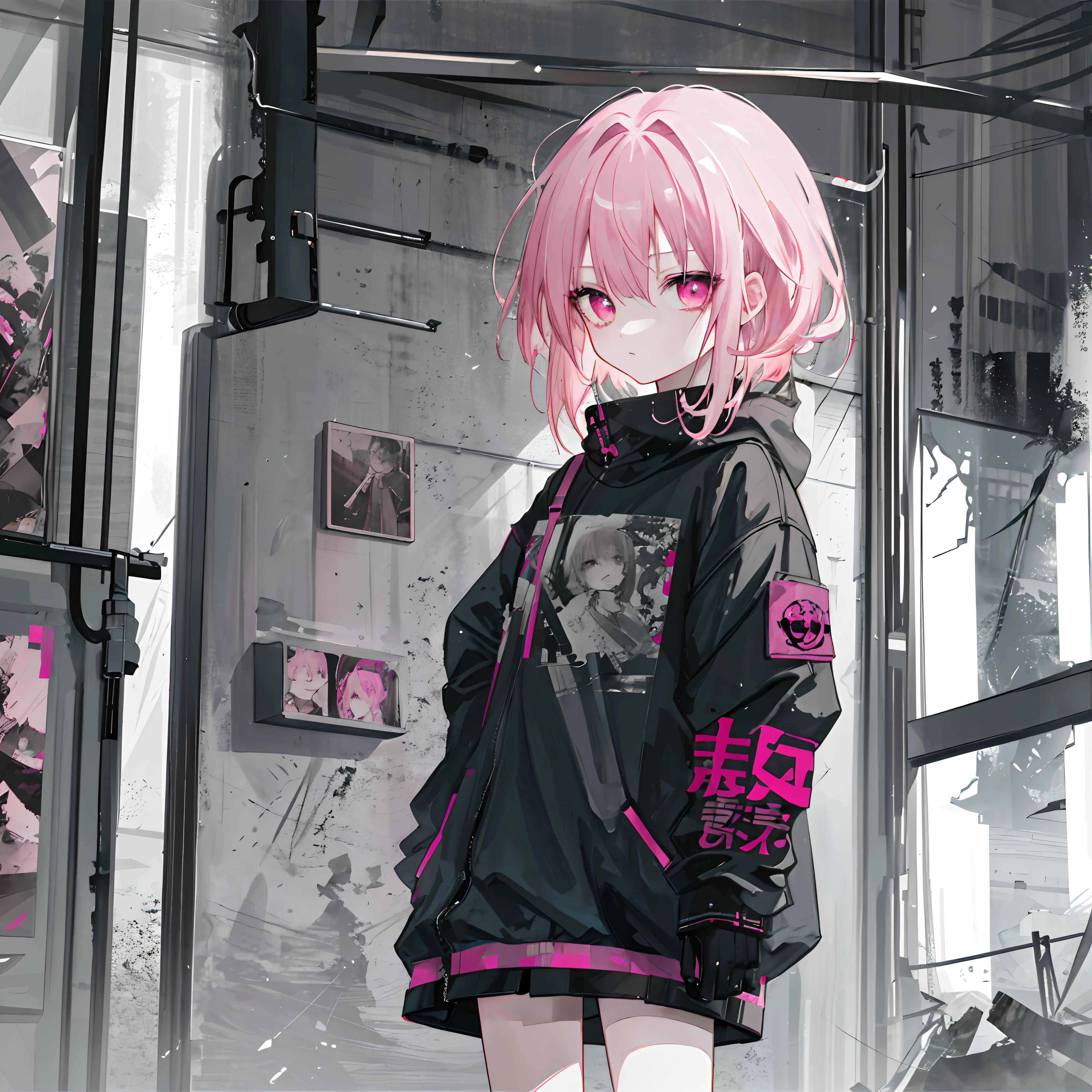 Anime girl with pink hair and blue eyes standing in the rain - SeaArt AI
