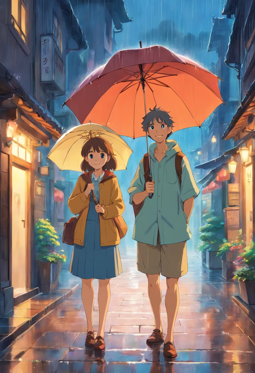 Couple standing under one umbrella, smiling, rainy streets, looking at viewers