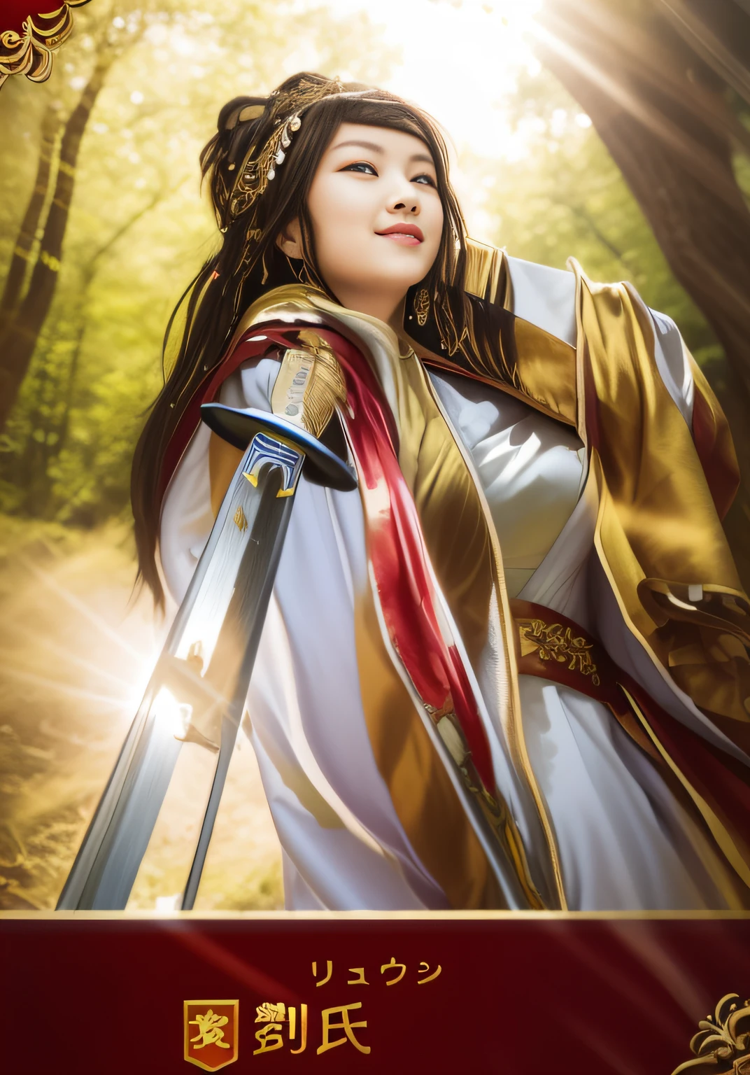 Close up portrait of smiling woman holding sword、in woods