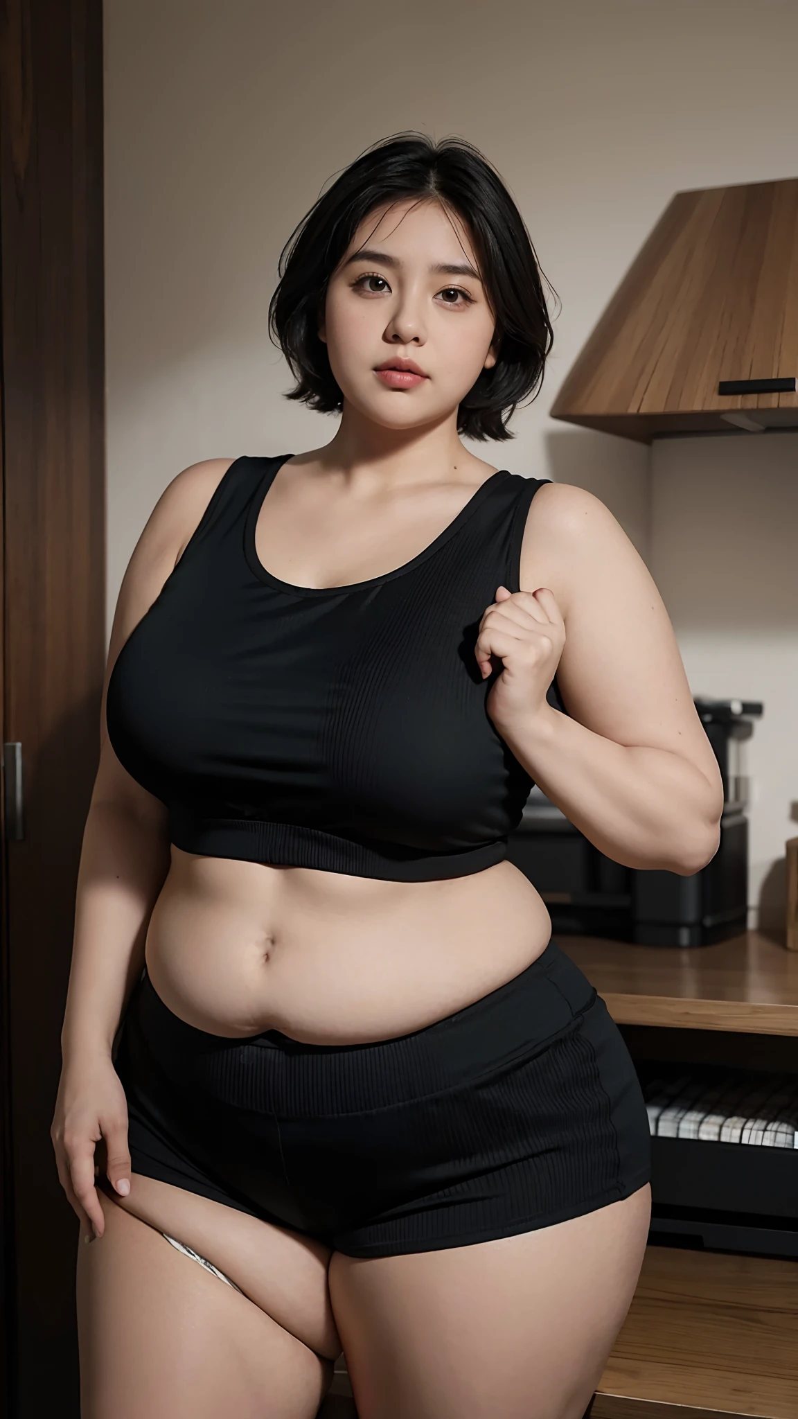 1 girl, obese body, big size, round face, double chin, overweight,Shoulder length black straight short hair, Yoga vest, yoga shorts,holding her weight on her stomach and looking at the camera.
