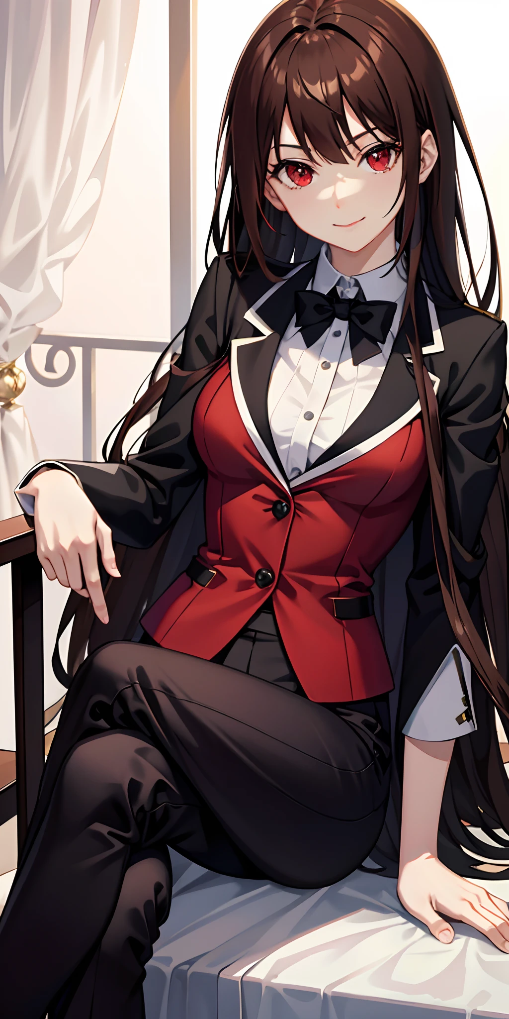 (masutepiece), Expressive eyes, Perfect face, 1人の女性, Seductive smile,Brown hair,Longhaire,Red Eyes, Wearing a trouser suit,Sitting on a chair((crossed legs)), nice thigs,directly in front,white glove