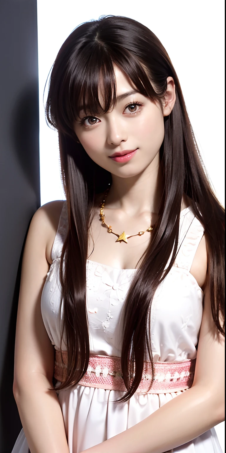 orange color hair、semi long hair、Loose and fluffy perm、Side tail、The side ponytail is tied with a white scrunchie.、Brown eyebrows、1人、black backgrounds、full body Esbian、They support me、a smile、Mouth wide open、Guts pose in front of the chest、(8K、Raw photography、top-quality、masterpiece:1.2)、(realisitic、photoRealstic:1.37)、Star-shaped necklace、I'm wearing a dress、Floral dress on white background、
