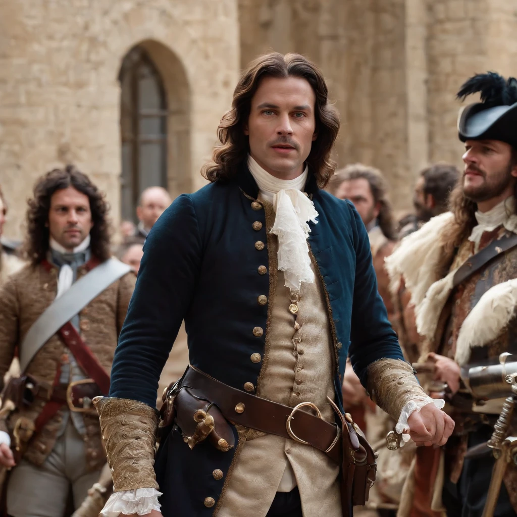 Create a dramatic scene depicting D’Artagnan’s arrest of finance minister Nicolas Fouquet in front of king louis xiv, capturing the tension and surprise of the moment.