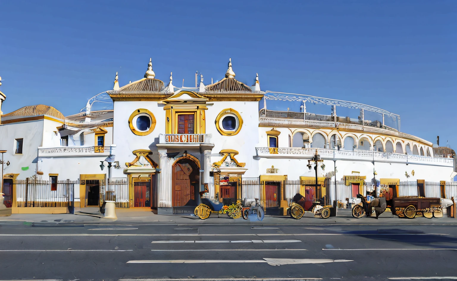 Hay un carruaje tirado por caballos estacionado frente a un edificio, Sevilla, Imagen impresionante, jerez, Arquitectura morisca, Arquitectura de mosaico ornamentada, in spain, Fachada Freddy Mamani Silvestre, exterior, hermosa imagen, inspirado por Serafino De Tivoli, museo, Arquitectura ornamentada, en una ciudad con una rica historia, inspired by Pedro Álvarez Castelló