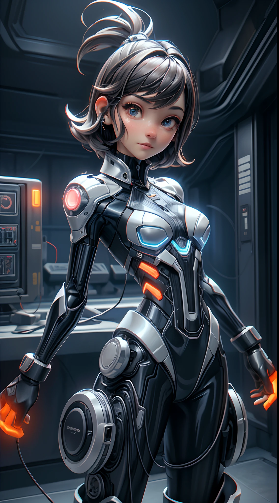 motor irreal:1.4,UHD,La mejor calidad:1.4, fotorrealista:1.4, textura de la piel:1.4, obra maestra:1.8,posing behind Beautiful Woman,(Protogen hembra),cyberpunk,mechanic,ojos brillantes,Orange metal surface,Pantalla digital,advanced technology,futuristic,red neon lights,electromagnetic field,bordes afilados,Aerodynamic design,Organismo digital,biomech,Mysterious atmosphere,Visera de vidrio,Sentidos mejorados,energetic pose,Circuitos invisibles,Holographic projections,Cables de colores,cyborg hembra,(Special station:1.4), ((La mano consiste en un pulgar corto y cuatro dedos,mano con solo cinco dedos,(Cara detallada)))