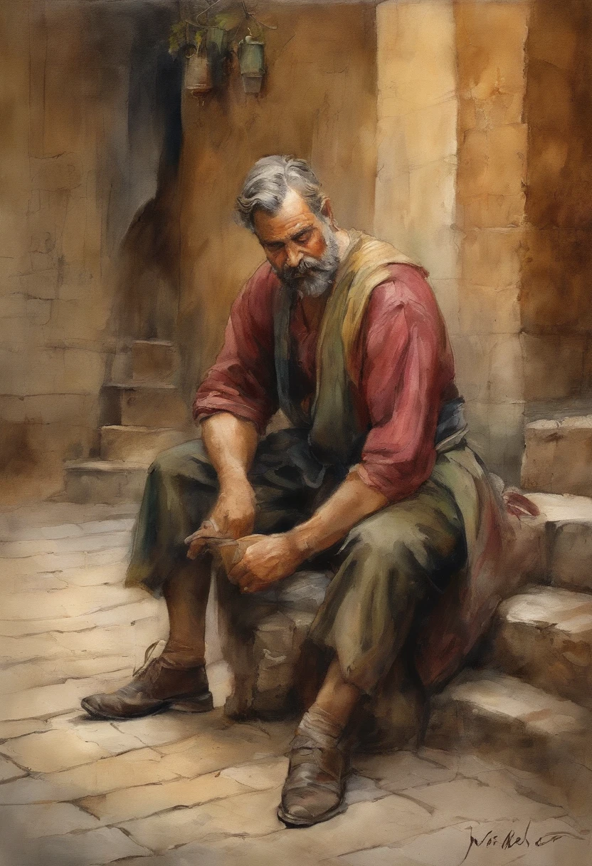 Um rua onde vielas se encontram, personagem masculino de meia-idade, com cabelos grisalhos e barba por fazer. His expression of agony is frozen on his pale face, Lying on the cobblestone floor, vemos a cena de cima, um vulto sutil em uma parte das vielas