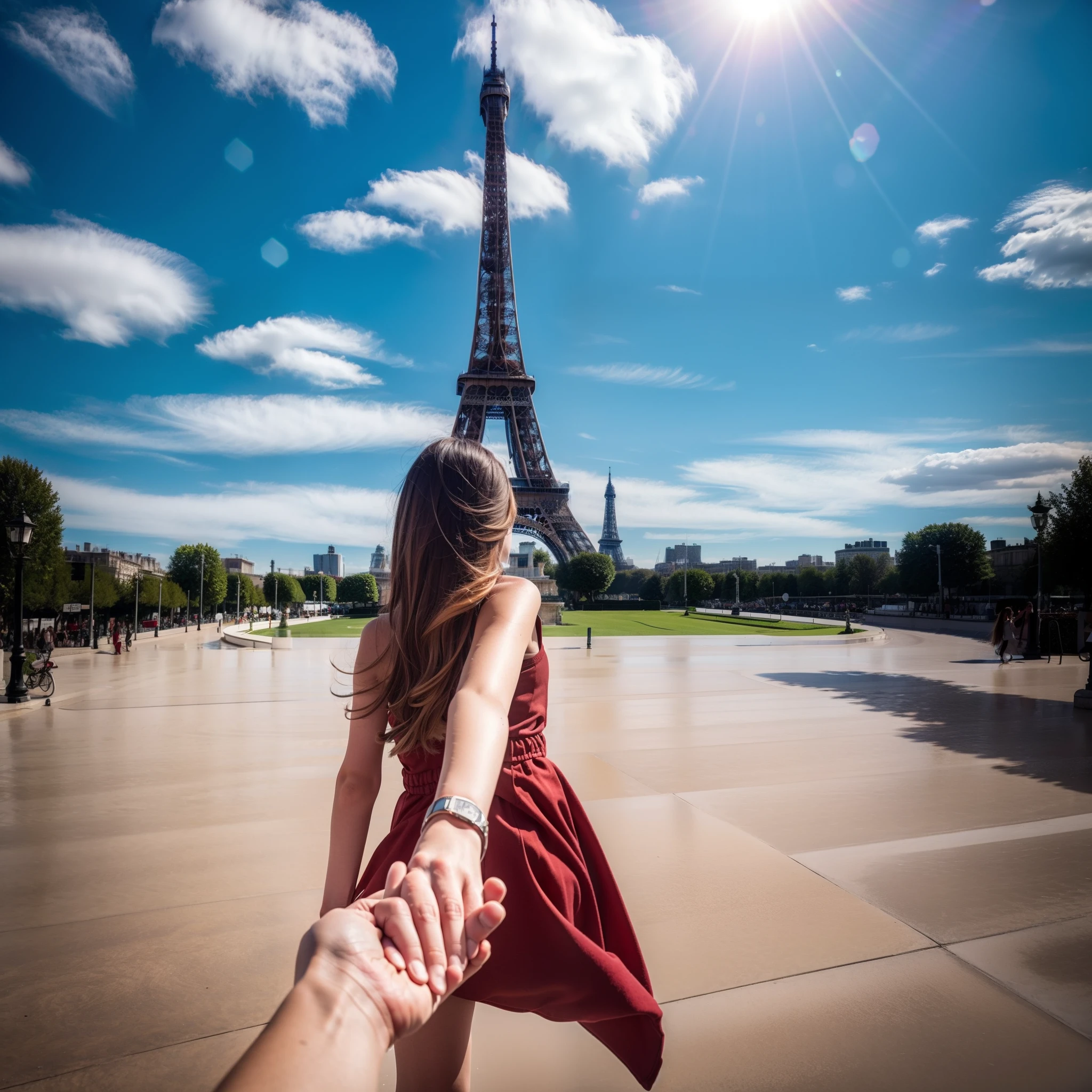 1girll，ultra - detailed，A high resolution，tmasterpiece，By_Style，bf_Holding_Hands，1 Girl holding hands with audience，Take a walk by the Eiffel Tower in France