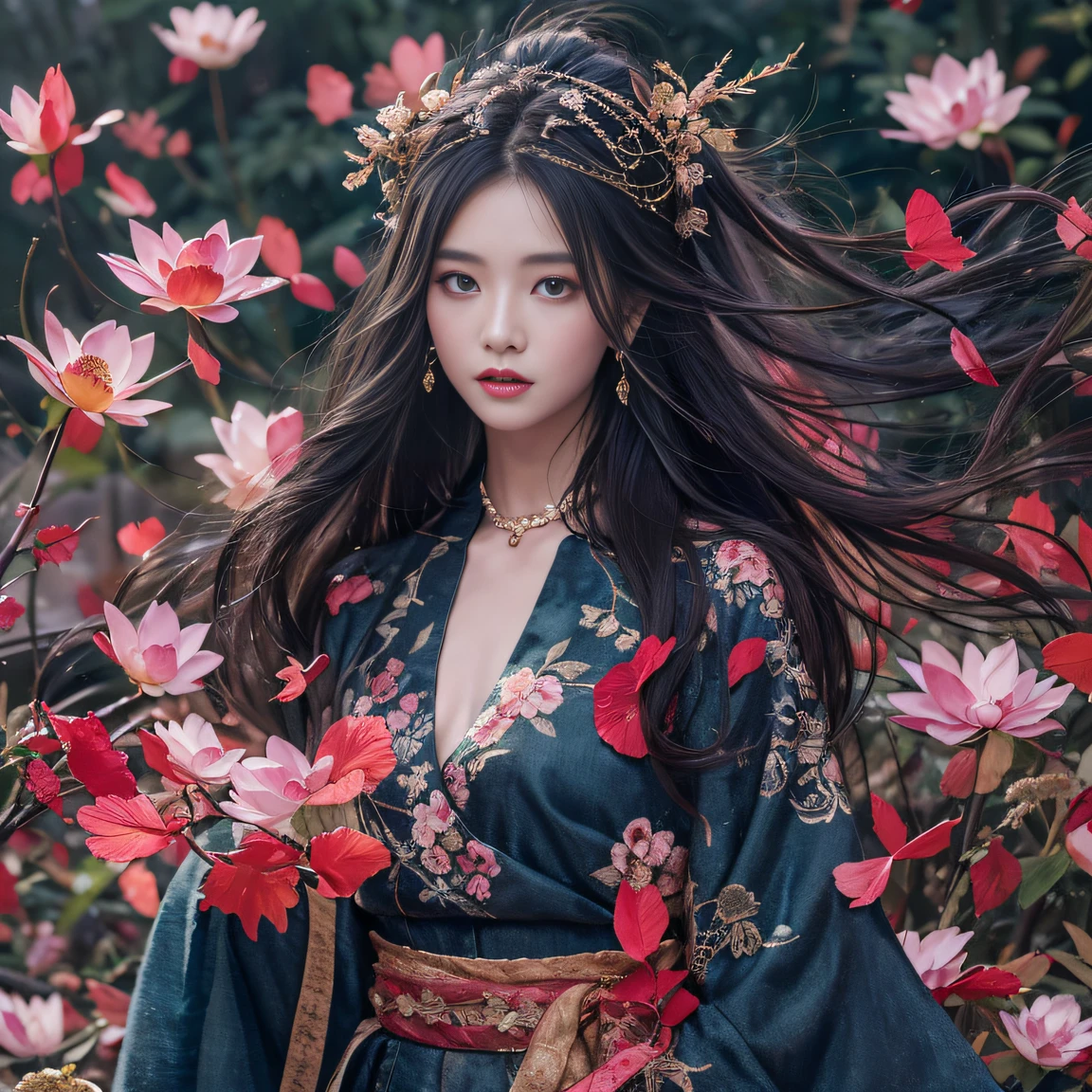 32K（tmasterpiece，k hd，hyper HD，32K）Long flowing black hair，ponds，zydink， a color， Tongzhou people （Spirit Girl）， （Red silk scarf）， Combat posture， looking at the ground， long whitr hair， Floating hair， Carp pattern headdress， Chinese long-sleeved clothing， （Abstract ink splash：1.2）， Pink petal background，Pink and white lotus flowers fly（realisticlying：1.4），Black color hair，Fallen leaves flutter，The background is pure， A high resolution， the detail， RAW photogr， Sharp Re， Nikon D850 Film Stock Photo by Jefferies Lee 4 Kodak Portra 400 Camera F1.6 shots, Rich colors, ultra-realistic vivid textures, Dramatic lighting, Unreal Engine Art Station Trend, cinestir 800，Long flowing black hair，Denim skirt