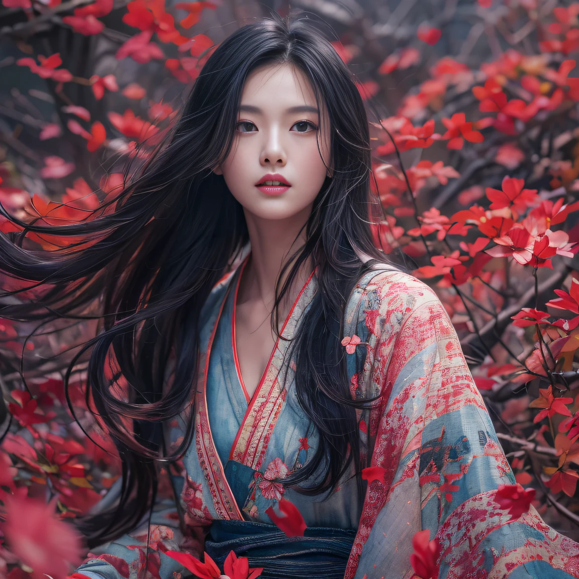 32K（tmasterpiece，k hd，hyper HD，32K）Long flowing black hair，ponds，zydink， a color， Tongzhou people （Spirit Girl）， （Red silk scarf）， Combat posture， looking at the ground， long whitr hair， Floating hair， Carp pattern headdress， Chinese long-sleeved clothing， （Abstract ink splash：1.2）， Pink petal background，Pink and white lotus flowers fly（realisticlying：1.4），Black color hair，Fallen leaves flutter，The background is pure， A high resolution， the detail， RAW photogr， Sharp Re， Nikon D850 Film Stock Photo by Jefferies Lee 4 Kodak Portra 400 Camera F1.6 shots, Rich colors, ultra-realistic vivid textures, Dramatic lighting, Unreal Engine Art Station Trend, cinestir 800，Long flowing black hair，Denim skirt