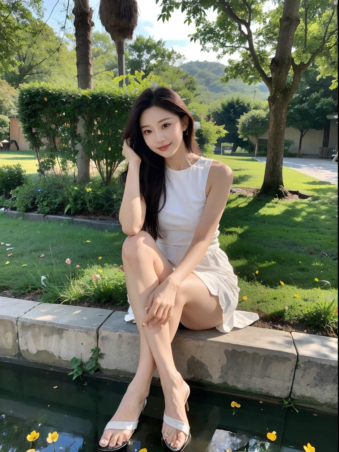 ,Masterpiece, Best quality,8K, 超高分辨率,Reallightandshadow,Cinema lenses,(beautidful eyes:1.1), ((中景 the scene is,The upper part of the body)),dynamicposes,On a green meadow,The gentle goddess came with gentle steps。She wore a white dress,A gentle breeze blows,The skirt dances lightly。The sun shone through the leaves in her hair,Reflecting her clear eyes and gentle smile。Colorful butterflies flutter around her,Flowers bloomed at her feet,It was as if nature was cheering for her。