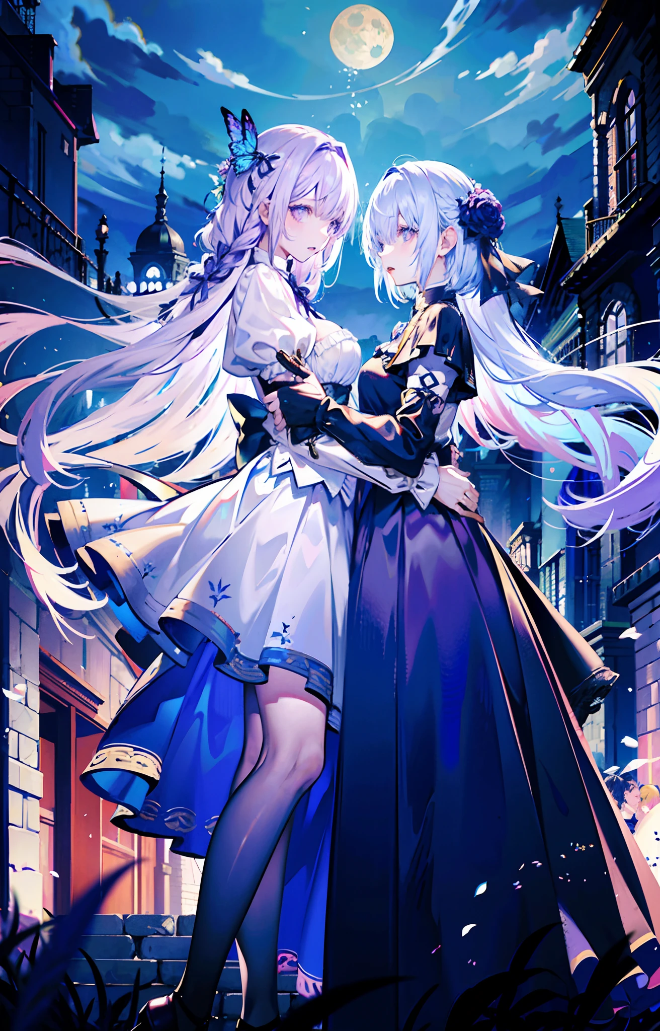 ((On the streets of the Middle Ages，2 girls，Twin sisters))，silber hair，butterflys，long whitr hair，8k wallpaper，detailedbackground，Highest high resolution，deep v big breasts，Hair over eyes，Bandeau，Purple roses，tight-fitting，themoon，stocklings，