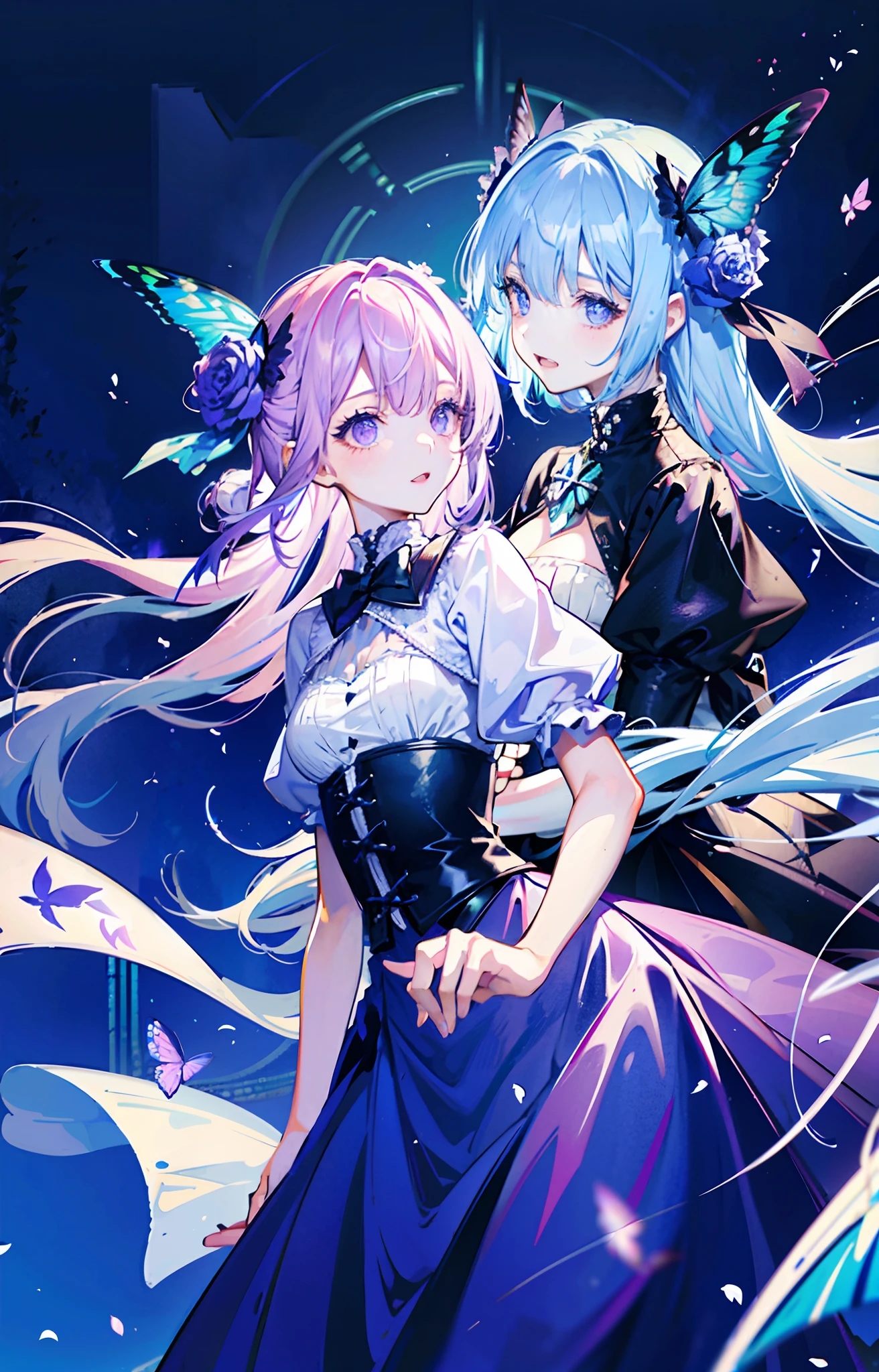 Digital illustration featuring an anime-style character with light blue hair and purple eyes. The character is dressed in a white and blue outfit with butterfly motifs, including a headpiece adorned with a butterfly. The background is a mix of dark and light shades with a butterfly design on the left side. The character is holding a glowing blue butterfly in their right hand. The overall style is fantasy-themed with a focus on ethereal and delicate elements. Cold personality. discreetly. headscarf