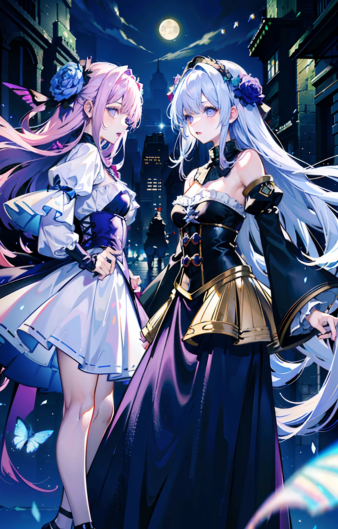 ((On the streets of the Middle Ages，2 girls，Twin sisters))，silber hair，butterflys，long whitr hair，8k wallpaper，detailedbackground，Highest high resolution，deep v big breasts，Hair over eyes，Bandeau，Purple roses，tight-fitting，themoon，stocklings，