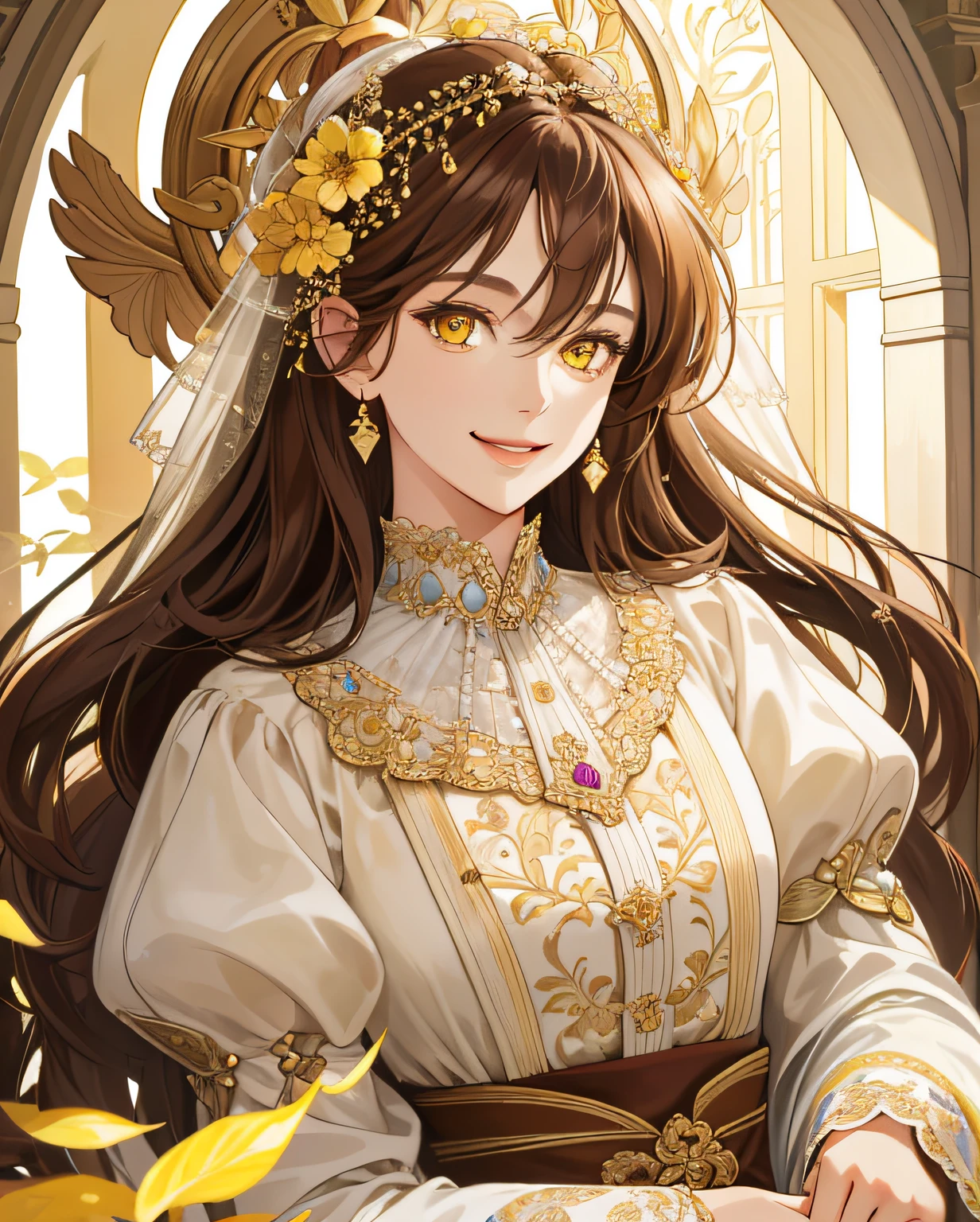 (extremely delicate and beautiful:1.2), 8k,(masterpiece:1.0),(best_quality:1.0), 1girl, mature woman, complex details, enlarged textures, complex details, finely detailed eyes and detailed face, intricate details, long brown hair, happy smile face, perfect eyes (yellow eyes), equal eyes, (goddess)