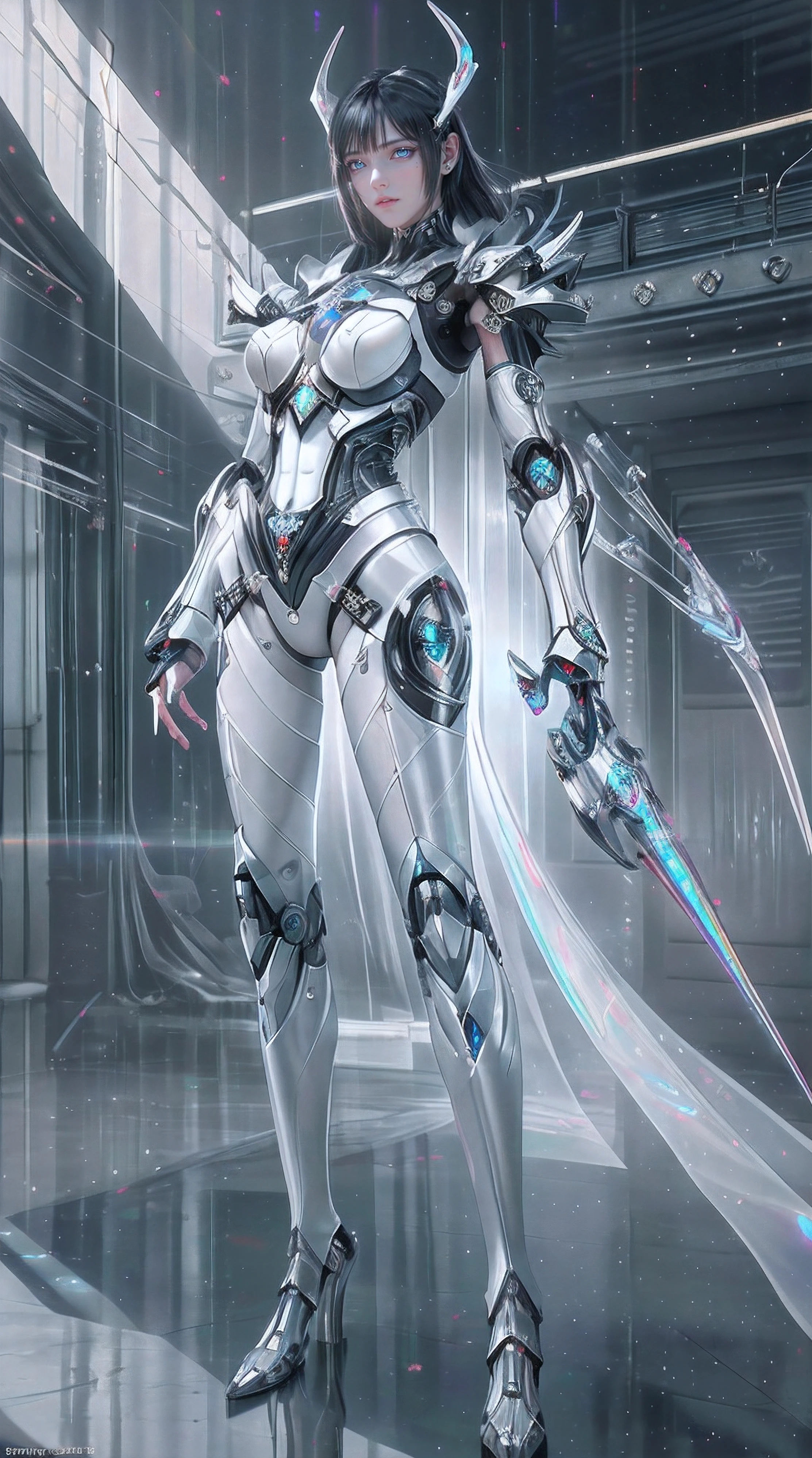 (from front:1.5), (1mechanical girl:1.5),full body, solo, Slim waist, thick thighs, (machine made joints:1.2),(machanical limbs:1.1),(blood vessels connected to tubes),(mechanical vertebra attaching to back),(mechanical cervial attaching to neck), lights on armor, mecha headglass, (Luminous Arms:1.5), (laser eyes:1.5), expressionless, huge breast,
colorful,hdr, ray tracing, nvidia rtx, super-resolution, unreal 5, subsurface scattering, pbr texturing, post-processing, anisotropic filtering, depth of field, maximum clarity and sharpness, rule of thirds, 16k raw, (luminescent particles:1.4), extremely detailed cg, unity 8k wallpaper, 3d, cinematic lighting, lens flare, reflections, sharp focus, cyberpunk art, realistic, highly detailed CG illustration, an extremely delicate and beautiful, cinematic light, (photorealistic:1.5), (Dark background:1.5),dynamic angle, masterpiece, best quality, ultra-detailed, illustration, detailed light, dramatic_shadow,face shadow,extra detailed,best performance,