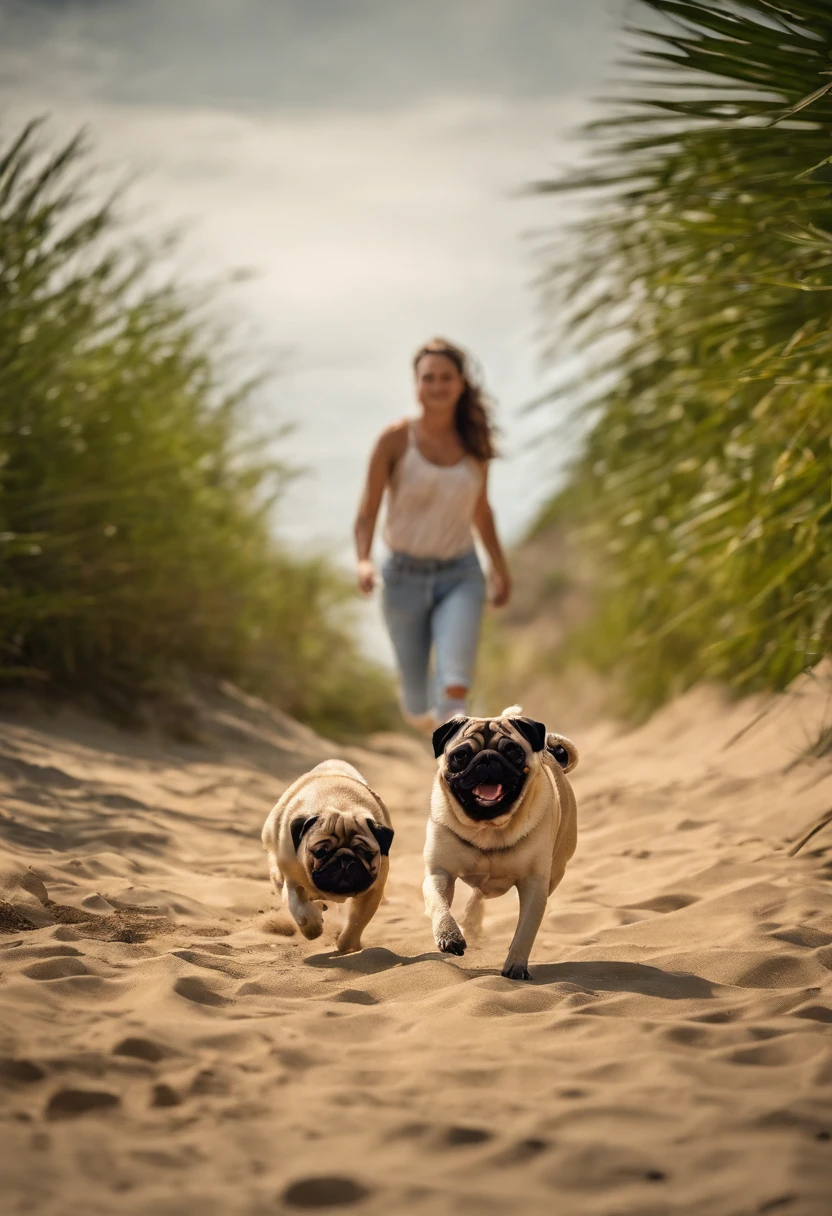 Pug dog and girl running on the beach