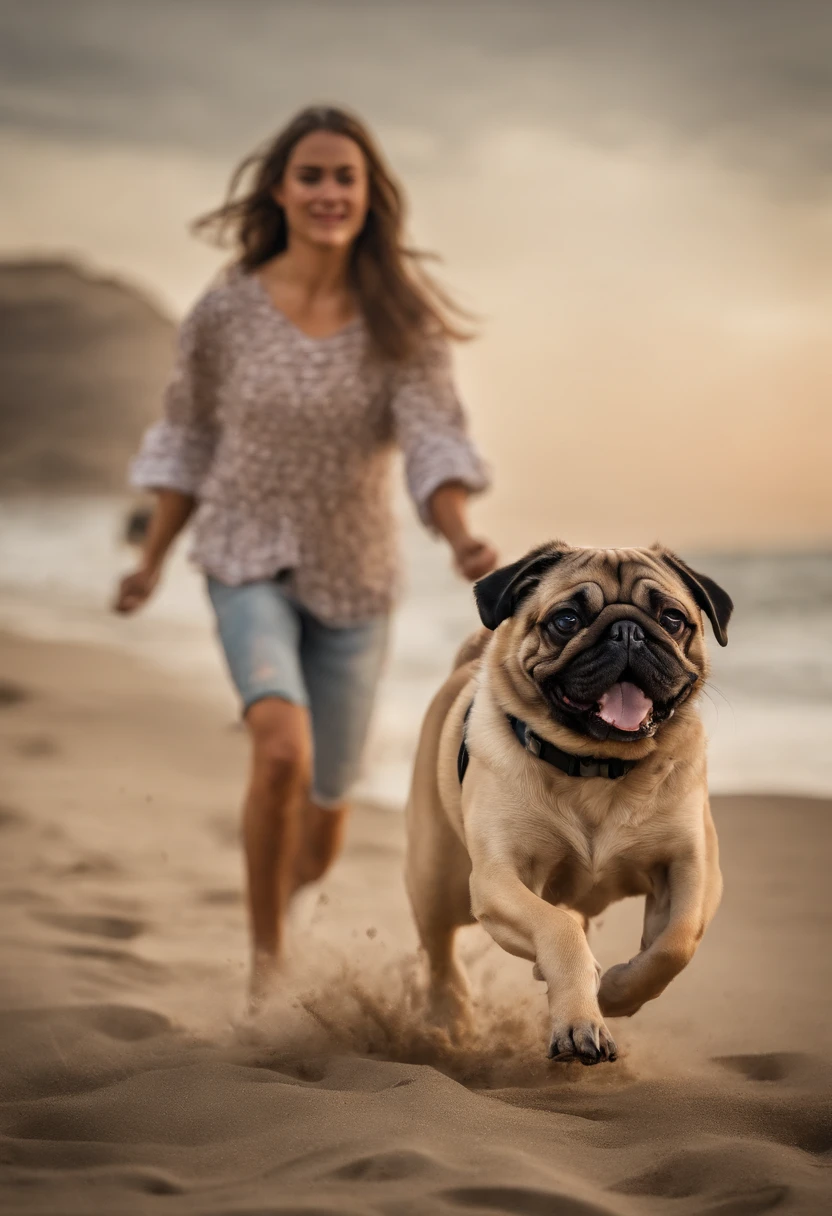 Pug dog and girl running on the beach