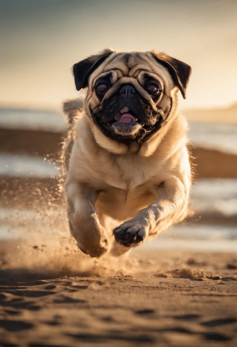 Pug dog and girl running on the beach