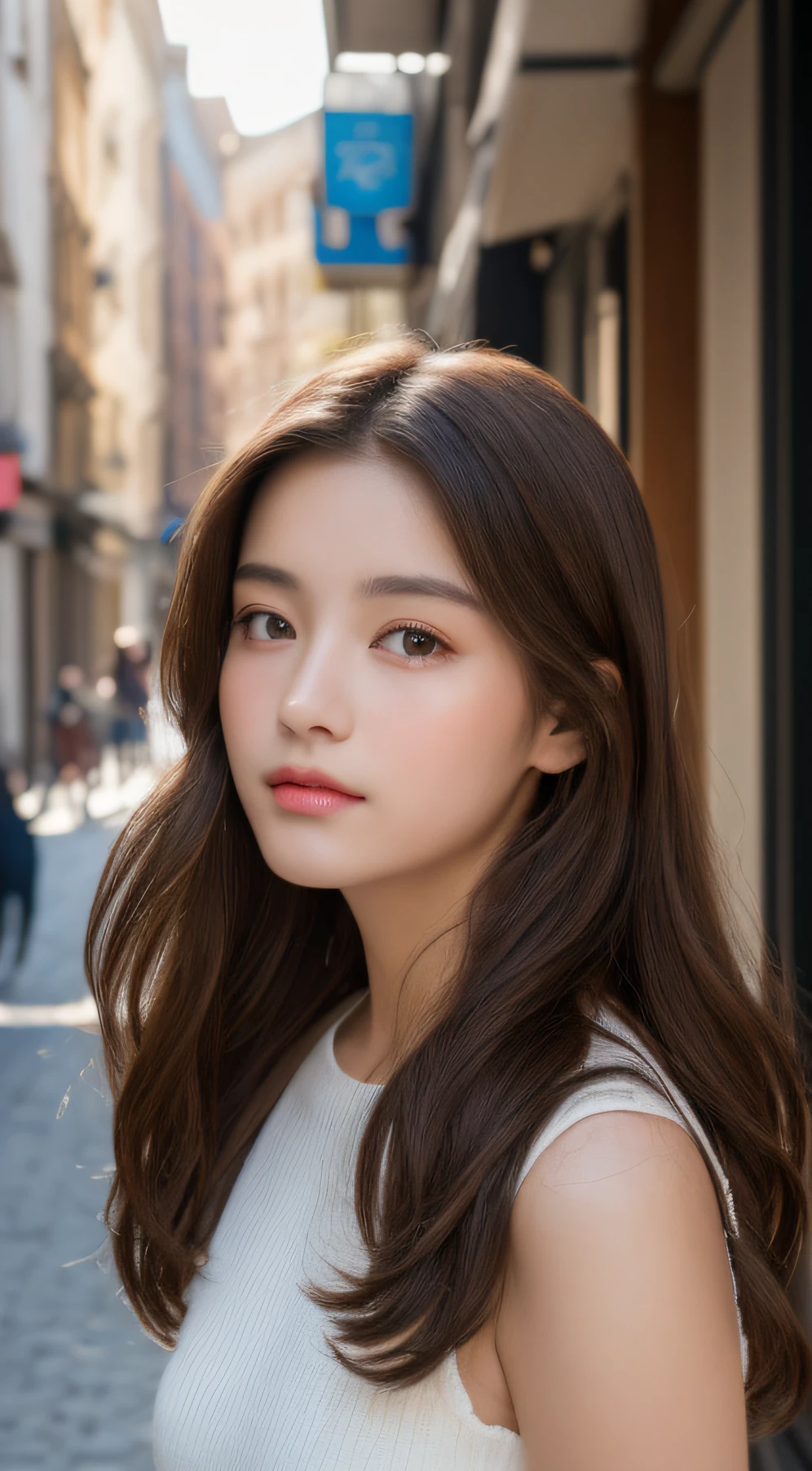 girls、((top-quality、8K、masterpiece:1.3))、foco nítido:1.2、Beautiful Women in Perfect Style:1.4、((dark brown hair))、(natural soft light、City Street:1.1)、Highly detailed facial and skin texture、Light is shining