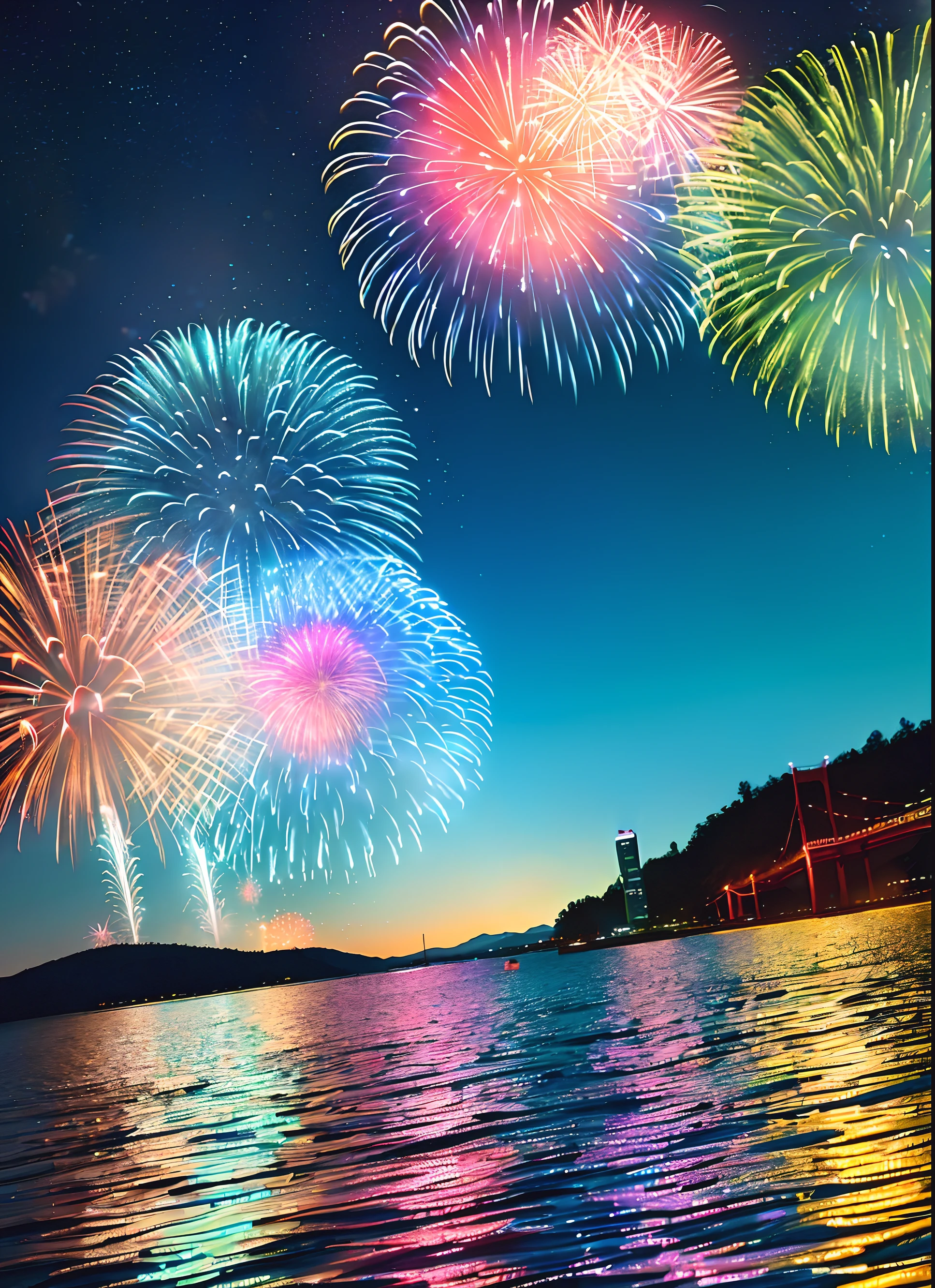 A beautiful night,Huge fireworks bloom on the surface of the sea,Colorful colorful,Fireworks like stars, like peacock feathers, like pebbles, illuminate the whole sea
