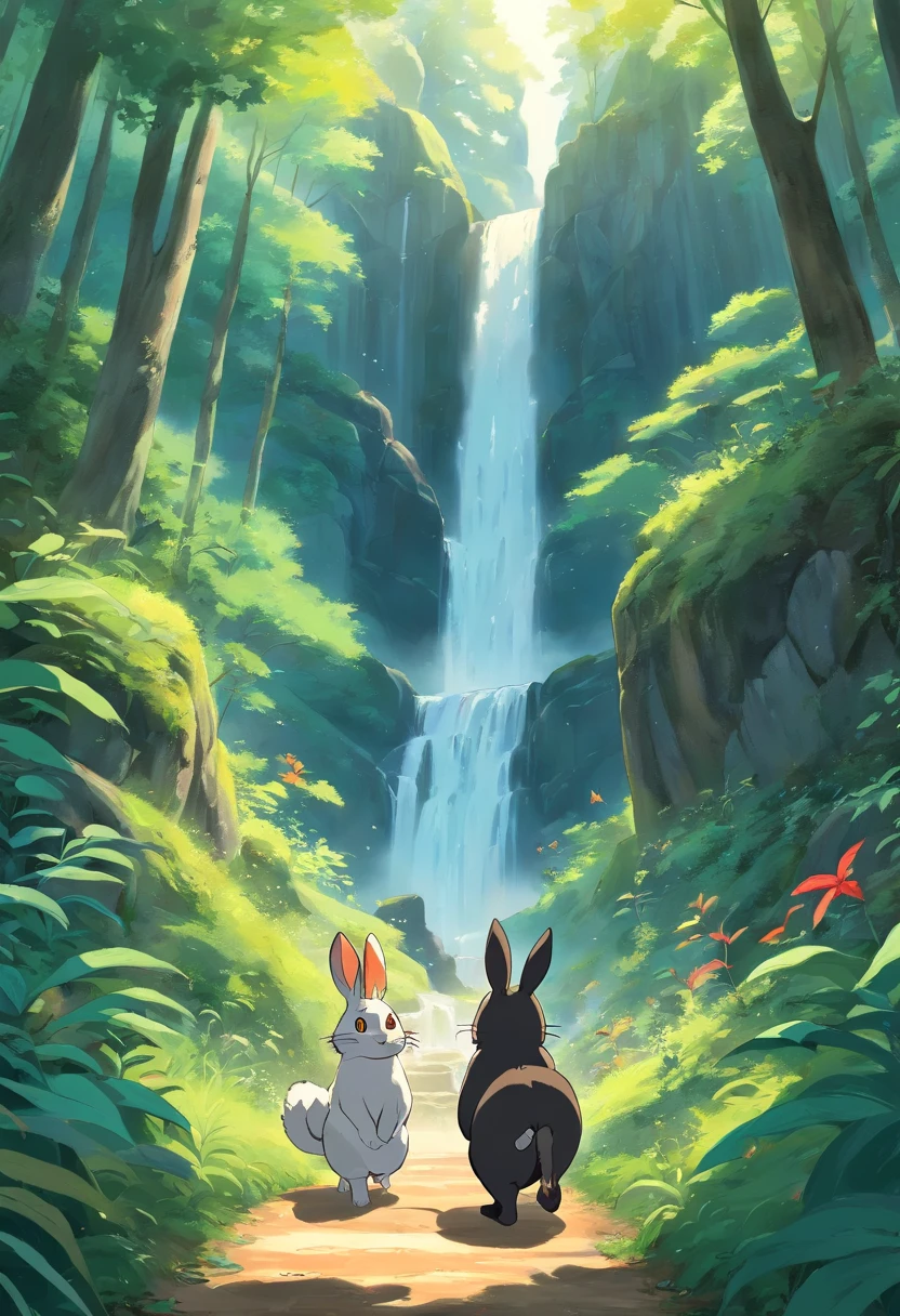 A gray black-striped cat and a beige-furred rabbit walk together in the dense forest, with a gleaming waterfall in the background, magical characters, golden and bluish butterfly, and a red squirrel. The forest environment with sparkling natural details
