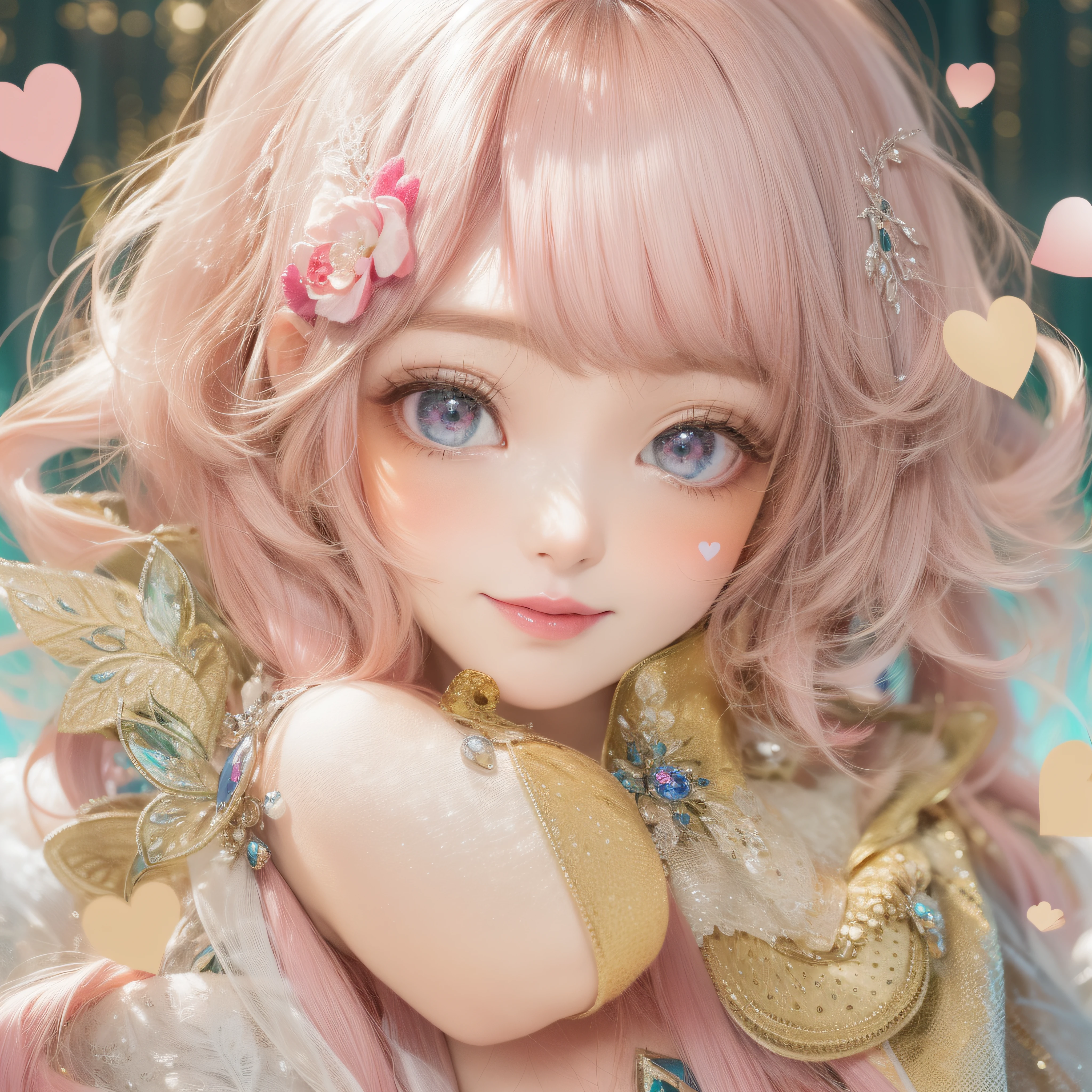 close-up of the smile face、close-up of the smile face、Designer、(realisitic、hight resolution)、(1 girl in)、Do-Up Eye、Korean Girl、(Best Quality), (masutepiece), (1girl in), Solo, a beauty girl, Perfect face, dreamlikeart、Highly detailed airbrush art((Surreal))、Volumetric lighting、(top-quality)、The ultra-detailliert、Highly detailed colorful details、(Bright lighting)、dynamic compositions、Ray traching、The mirror reflects light、Shallow depth of field、ultra-detailliert、mixing exposure、nffsw、Her eyes are pink and glow heart-shaped、The eyes are pink-heart-shaped。pink hearts in the background、pink hearts in the background、pink hearts in the background、