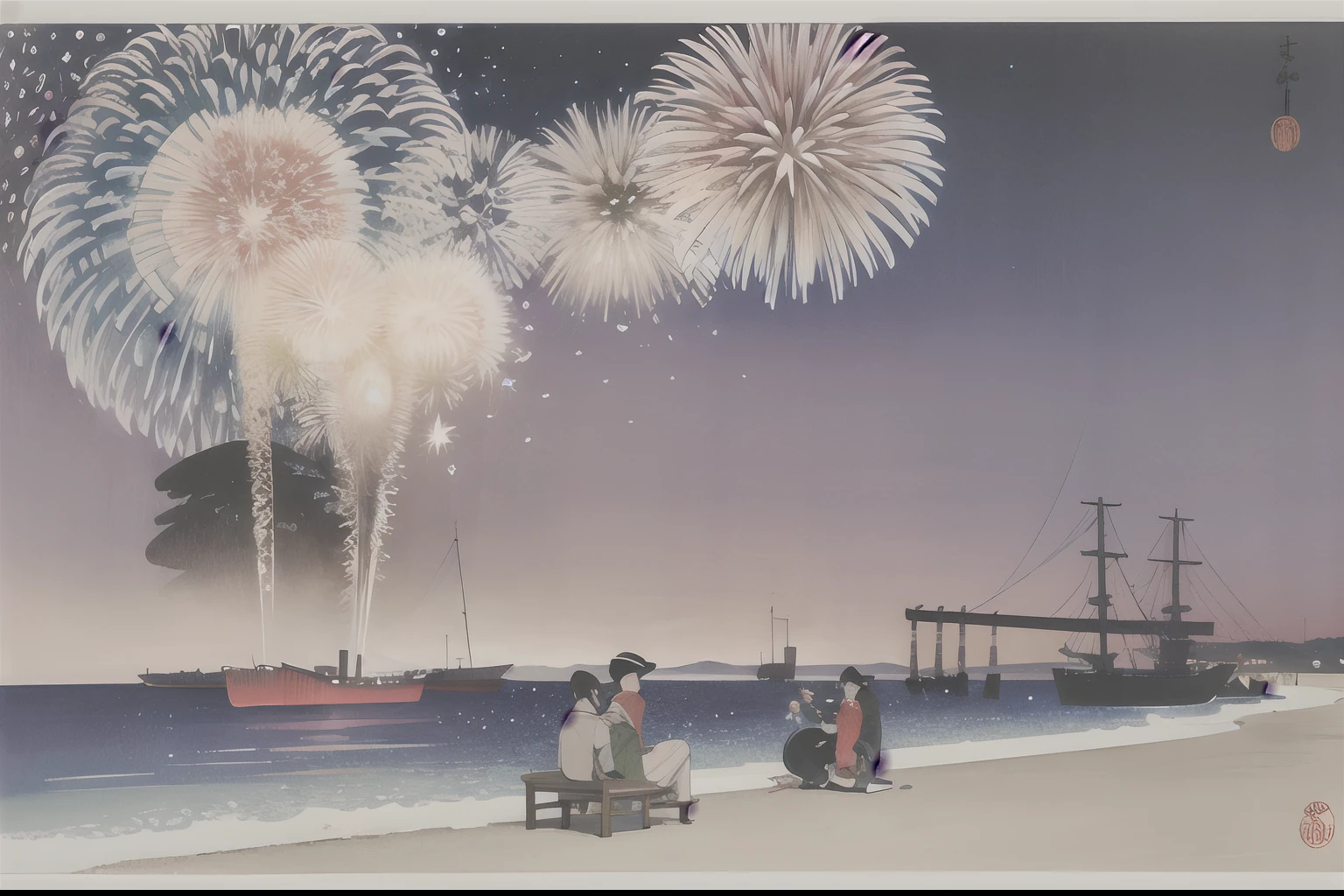 ohara koson, Brilliant (fireworks:1.5), night, people looking up, komon, ukiyo-e, traditional media