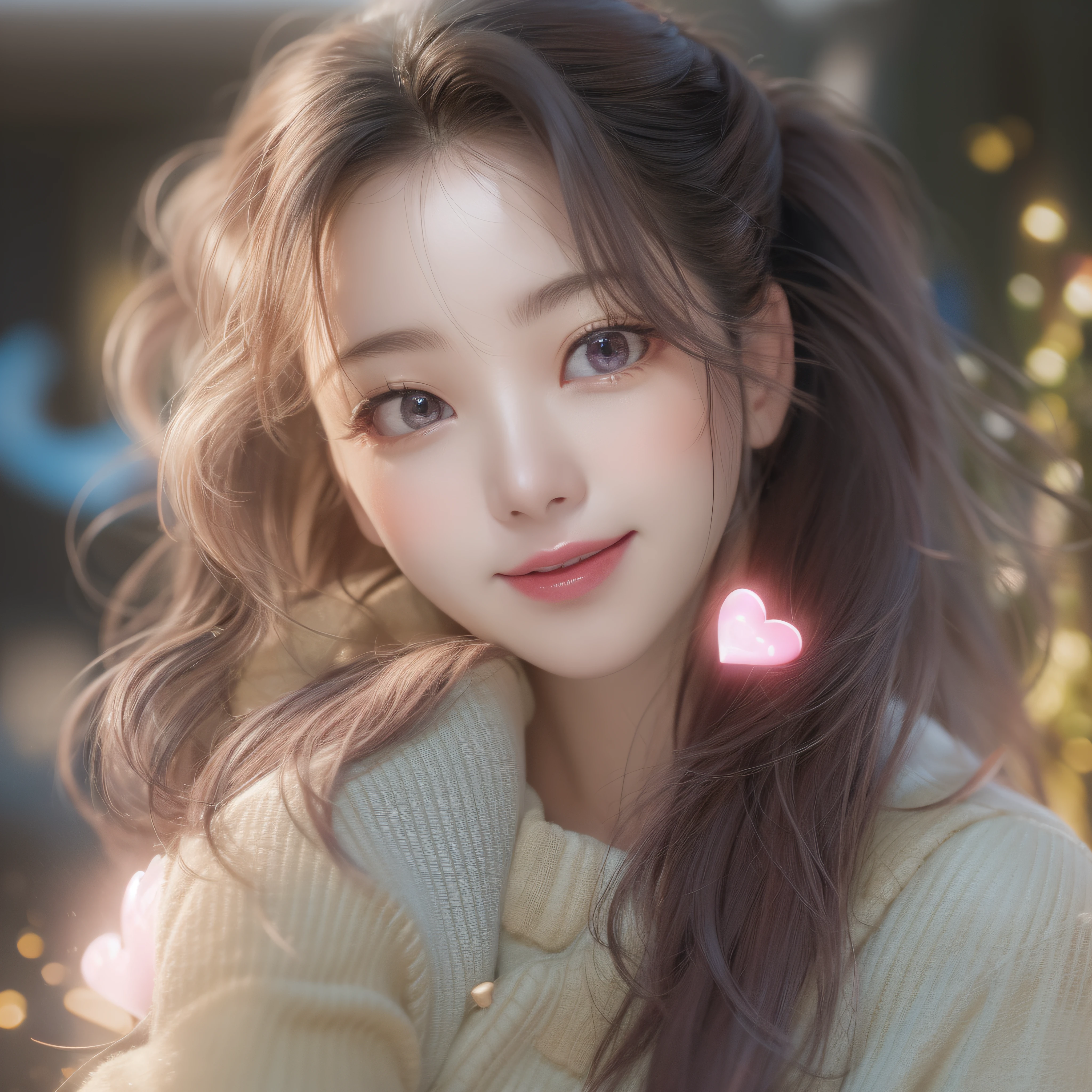 close-up of the smile face、close-up of the smile face、Designer、(realisitic、hight resolution)、(1 girl in)、Do-Up Eye、Korean Girl、(Best Quality), (masutepiece), (1girl in), Solo, a beauty girl, Perfect face, dreamlikeart、Highly detailed airbrush art((Surreal))、Volumetric lighting、(top-quality)、The ultra-detailliert、Highly detailed colorful details、(Bright lighting)、dynamic compositions、Ray traching、The mirror reflects light、Shallow depth of field、ultra-detailliert、mixing exposure、nffsw、Her eyes are pink and glow heart-shaped、The eyes are pink-heart-shaped。pink hearts in the background、pink hearts in the background、pink hearts in the background、