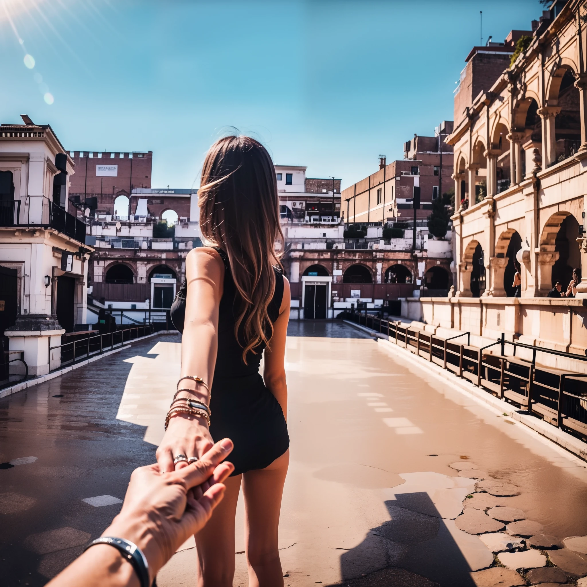 1girll，ultra - detailed，A high resolution，tmasterpiece，By_Style，bf_Holding_Hands，1 Girl holding hands with audience，Take a walk next to the Colosseum