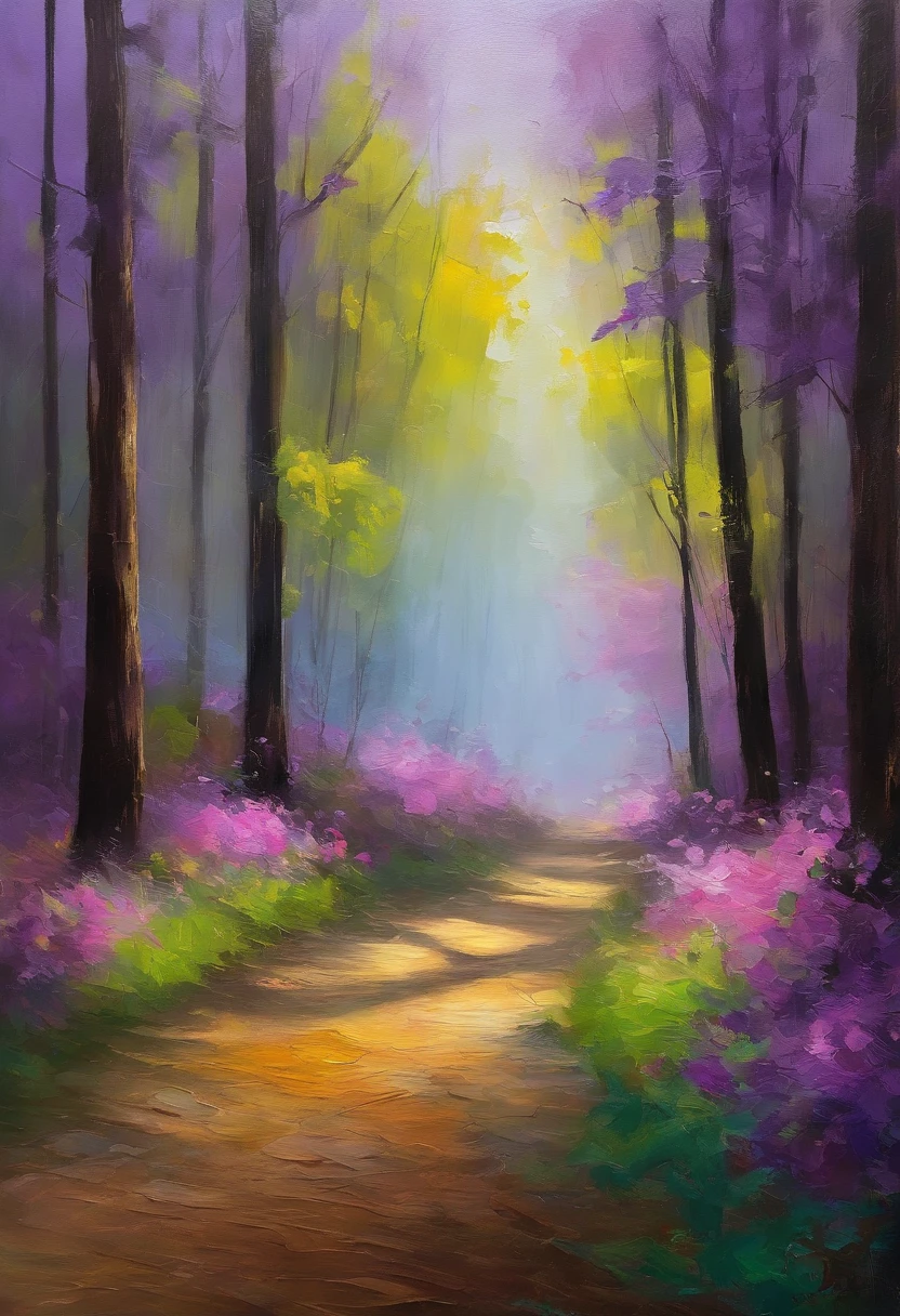 top-quality、Morning、closeup cleavage、Fresh morning sun、stroll、Landscapes，the trees，ln the forest，casa，big trees，Purple hue