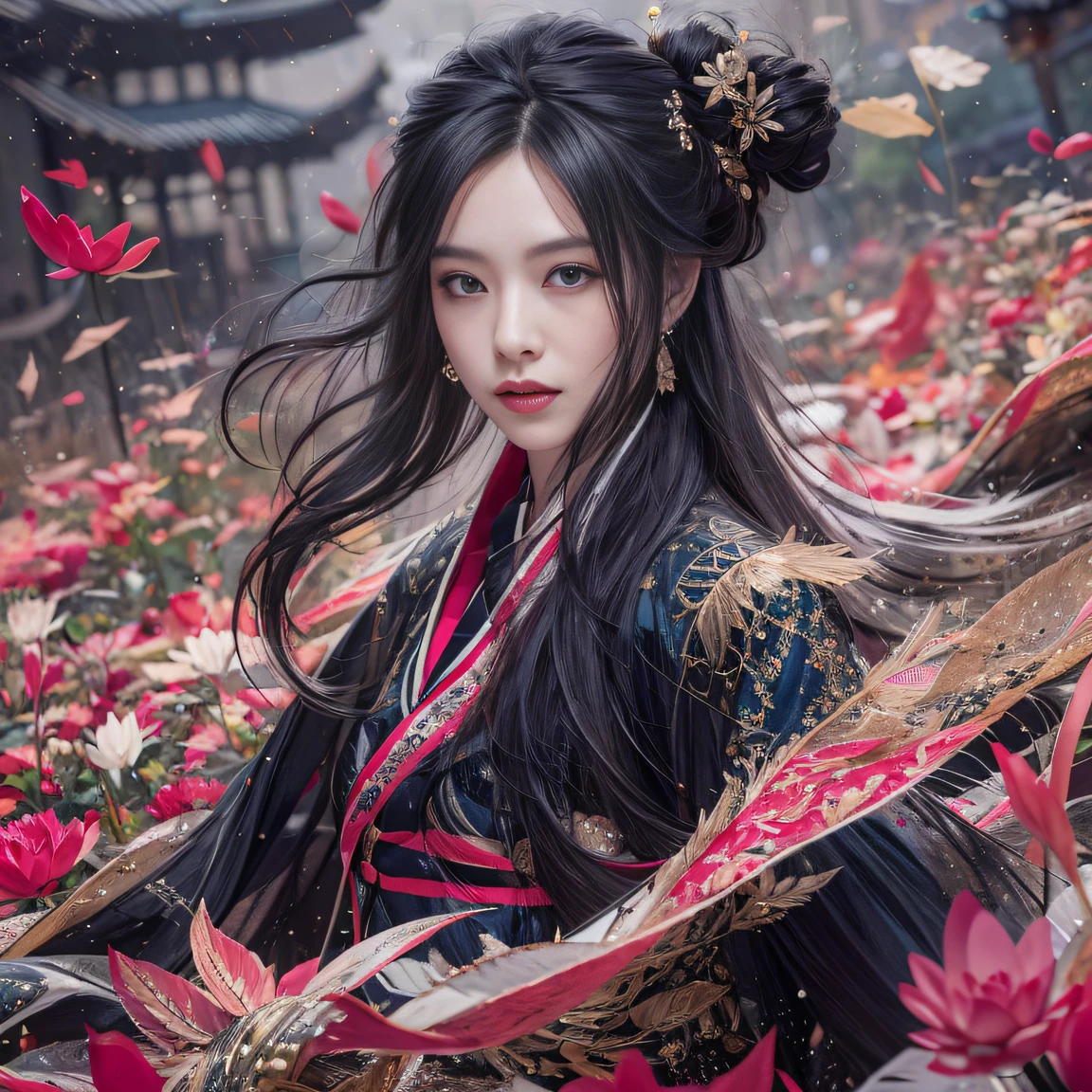 32K(tmasterpiece,k hd,hyper HD,32K)Long flowing black hair,ponds,zydink, a color, Tongzhou people (Spirit Girl), (Red silk scarf), Combat posture, looking at the ground, long whitr hair, Floating hair, Carp pattern headdress, Chinese long-sleeved clothing, (Abstract ink splash:1.2), Pink petal background,Pink and white lotus flowers fly(realisticlying:1.4),Black color hair,Fallen leaves flutter,The background is pure, A high resolution, the detail, RAW photogr, Sharp Re, Nikon D850 Film Stock Photo by Jefferies Lee 4 Kodak Portra 400 Camera F1.6 shots, Rich colors, ultra-realistic vivid textures, Dramatic lighting, Unreal Engine Art Station Trend, cinestir 800,Long flowing black hair,Denim skirt