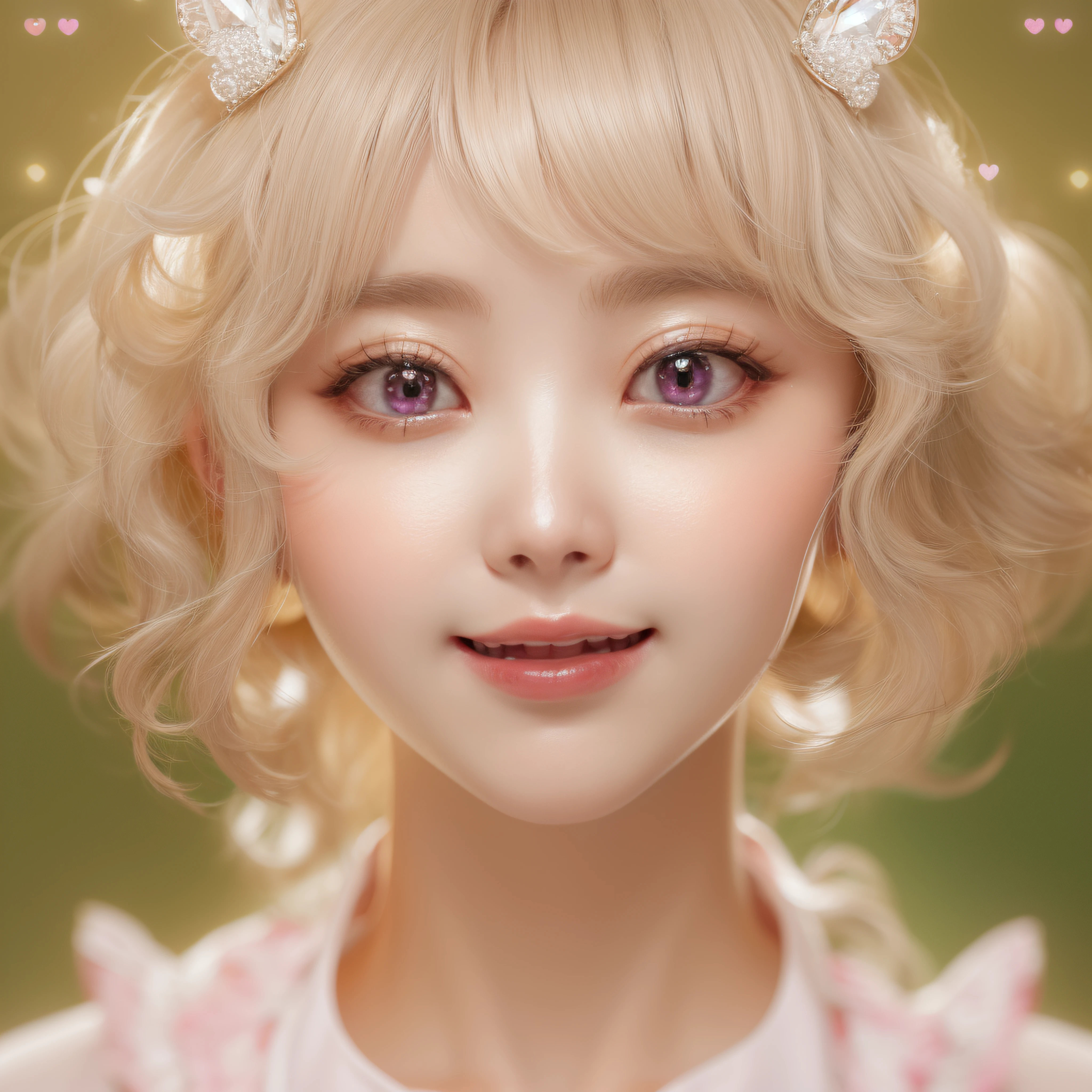 close-up of the smile face、close-up of the smile face、Designer、(realisitic、hight resolution)、(1 girl in)、Do-Up Eye、Korean Girl、(Best Quality), (masutepiece), (1girl in), Solo, a beauty girl, Perfect face, dreamlikeart、Highly detailed airbrush art((Surreal))、Volumetric lighting、(top-quality)、The ultra-detailliert、Highly detailed colorful details、(Bright lighting)、dynamic compositions、Ray traching、The mirror reflects light、Shallow depth of field、ultra-detailliert、mixing exposure、nffsw、Her eyes are pink and glow heart-shaped、The eyes are pink-heart-shaped。pink hearts in the background、pink hearts in the background、pink hearts in the background、