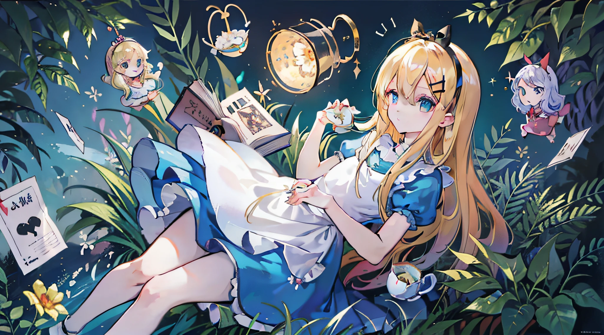 masutepiece, detalhes finos, 4k, 8k, 12k, sozinho, sozinho, Beautiful girl, Mulher branca,uma loira、Longas、Rabbit ear headband、 Alice in Wonderland, Cartas de Jogo, Teacup, alice in the wonderland、Livros Infantis