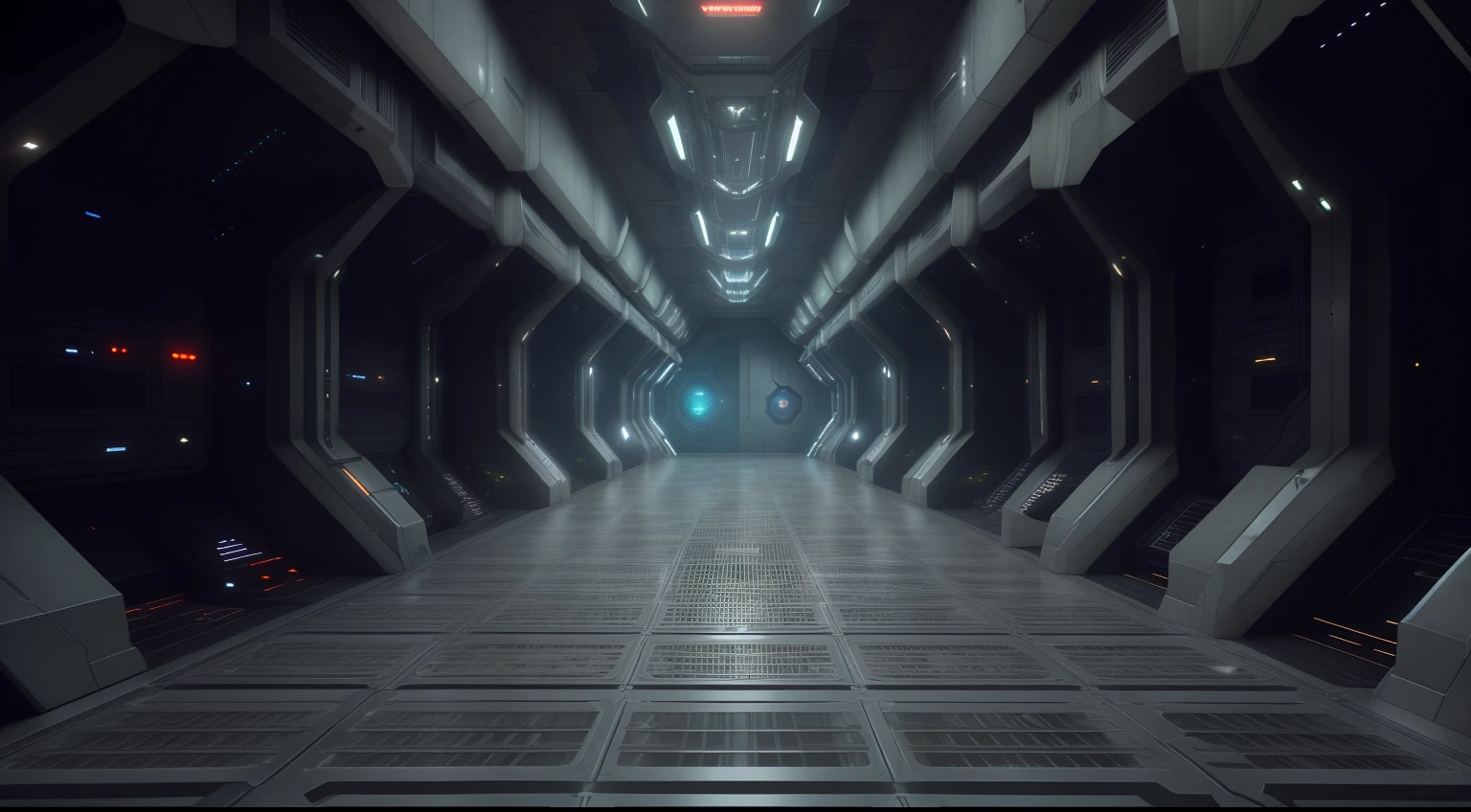 arafed corridor with metal grates and doors leading to a large space station, spaceship hallway, spaceship hallway background, scifi platform, inside a futuristic army base, haunted spaceship hallway, interior of an alien spaceship, spaceship hangar, inside a spaceship, detailed sci - fi backgrounds, octane render sci - fi, inside a space ship, sci - fi interior