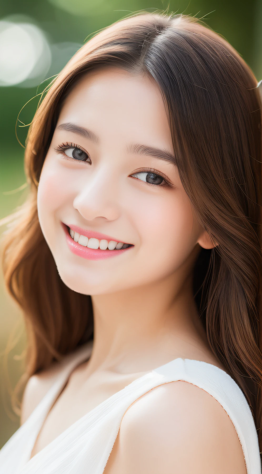 1 girl, Close-up of the face、 (Photo Real:1.4), (hyper realisitic:1.4), (Smooth lighting:1.05), 22 years old, Realistic lighting, Back lighting, (cheerfulness:1.2), (Finest Real Textured Skins), Narrow-eyed, Super fine face, little smile, posing Gravure Idol, glowy skin, retinas, anatomically correct, accurate, Super Detail, Textured skin, High quality, high details, Best Quality, high resolution,