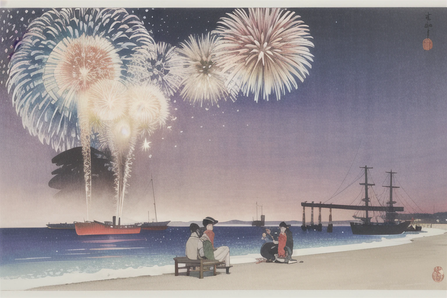 ohara koson, Brilliant (fireworks:1.5), night, people looking up, komon, ukiyo-e, traditional media