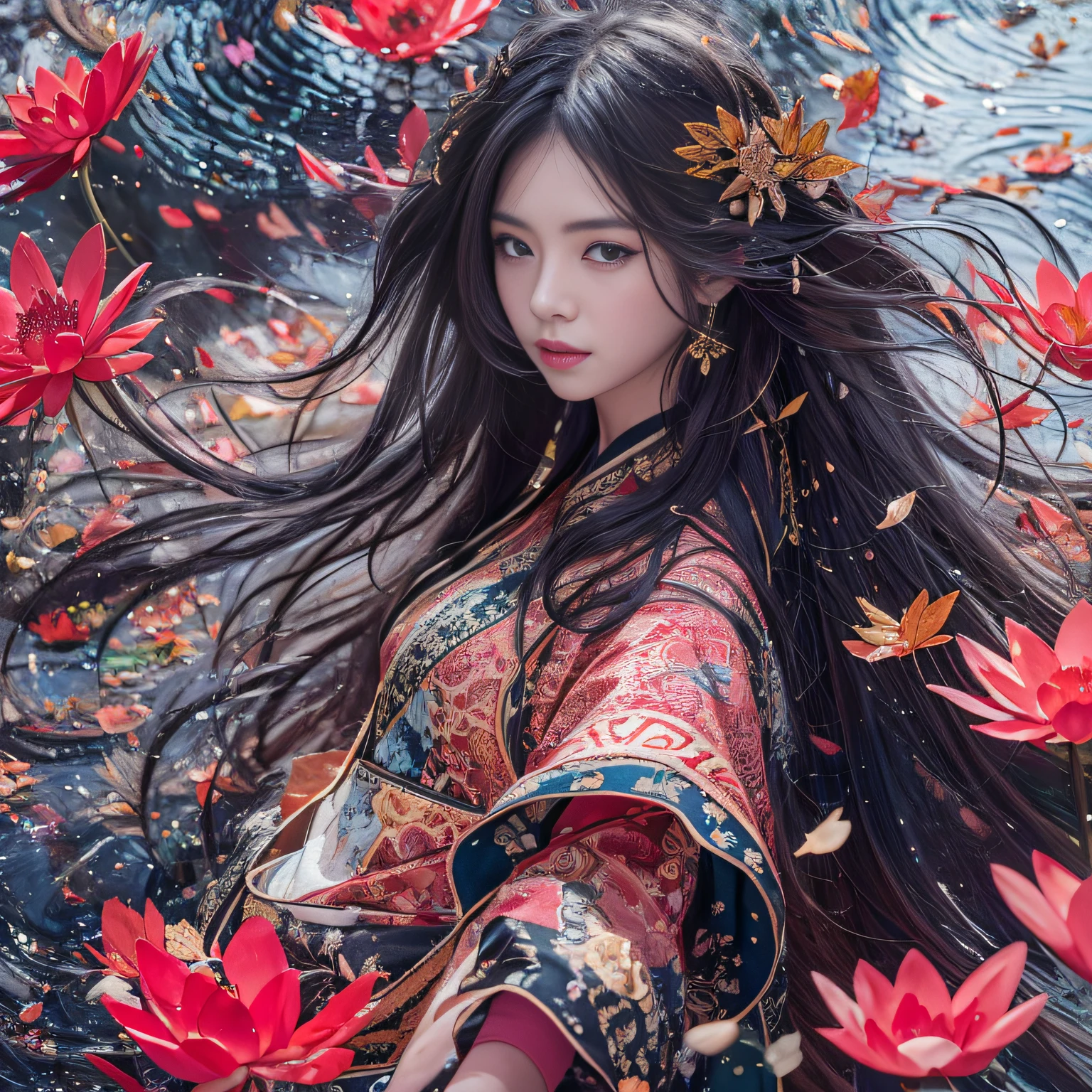 32K(tmasterpiece,k hd,hyper HD,32K)Long flowing black hair,ponds,zydink, a color, Tongzhou people (Spirit Girl), (Red silk scarf), Combat posture, looking at the ground, long whitr hair, Floating hair, Carp pattern headdress, Chinese long-sleeved clothing, (Abstract ink splash:1.2), Pink petal background,Pink and white lotus flowers fly(realisticlying:1.4),Black color hair,Fallen leaves flutter,The background is pure, A high resolution, the detail, RAW photogr, Sharp Re, Nikon D850 Film Stock Photo by Jefferies Lee 4 Kodak Portra 400 Camera F1.6 shots, Rich colors, ultra-realistic vivid textures, Dramatic lighting, Unreal Engine Art Station Trend, cinestir 800,Long flowing black hair,Denim skirt