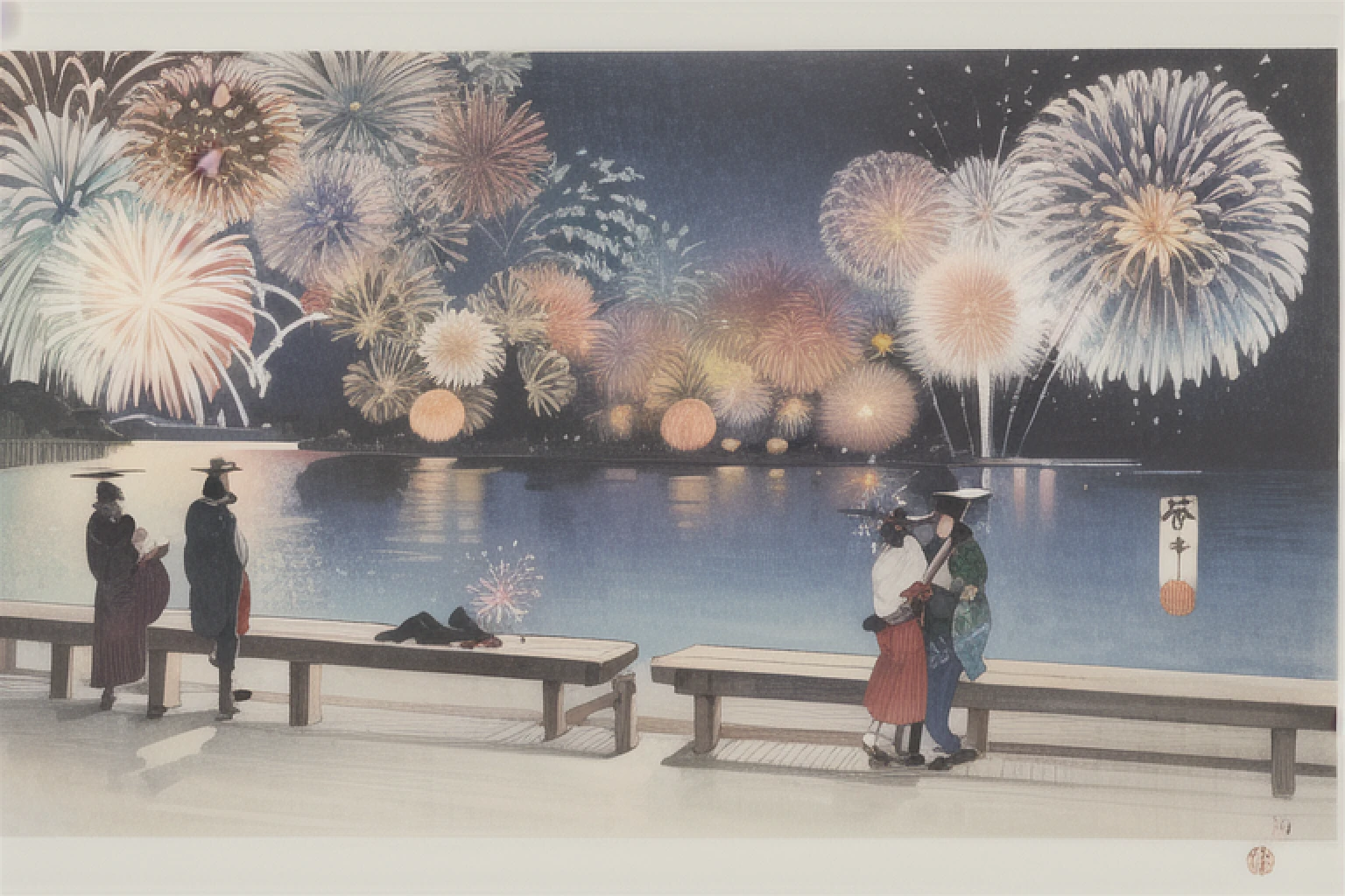 ohara koson, Brilliant (fireworks:1.5), night, people looking up, komon, ukiyo-e, traditional media