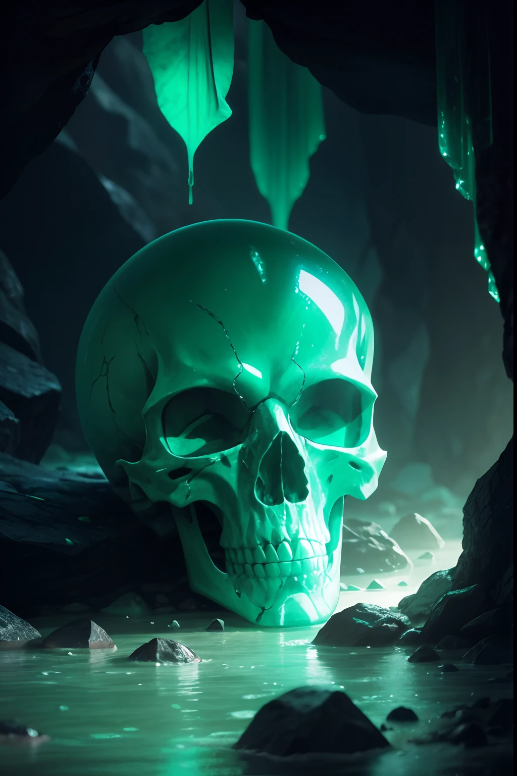 skull made of translucent emerald, placed on a finely sculpted rock, inside a tropical wet cave, cinematic ambiant light, top light, photorealistic, 8k, ultra detailed