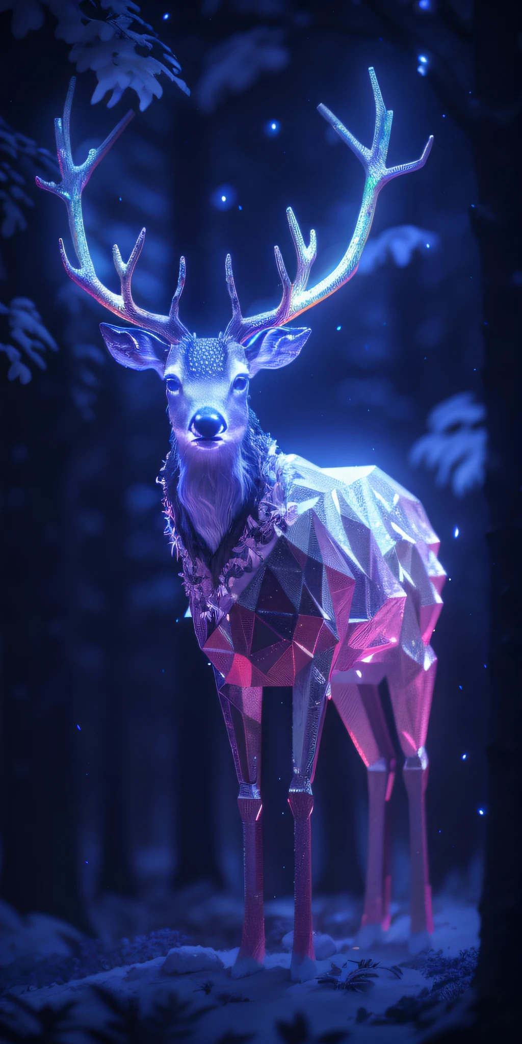 a close up of a deer with glowing antlers in a forest, 3d digital art 4k, digital art animal photo, digital artwork 4 k, holographic creatures, 4k highly detailed digital art, 8k high quality detailed art, 4k detailed digital art, 8 k ultra realistic animal, digital art 4k, digital art 4 k, low-poly digital art