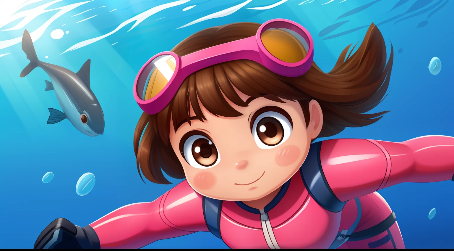 "Frontal image of a 5-year-old girl searching for fishes in the deep sea, with brown hair, brown eyes, rosy cheeks, diving goggles, pink diving suit, diving gloves, diving shoes, in a 2D illustration style of a children's book."
