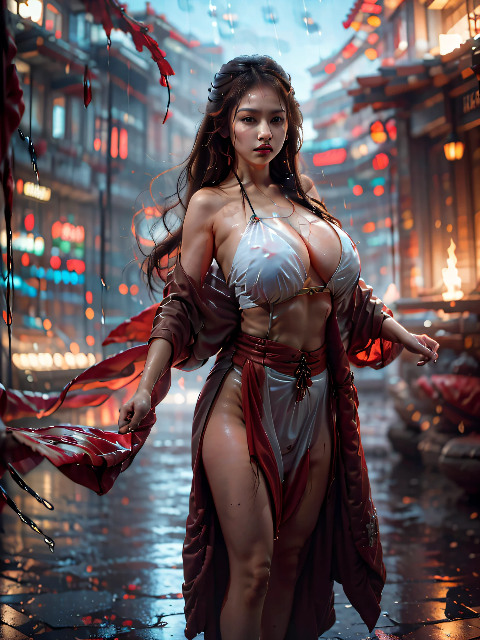 (Best quality, 4k, Masterpiece :1.3), pretty Japanese woman with 3 eye, hyper realistic, 1girl, (massive breasts, attractive body :1.4), abs :1.4, dark brown hair: 1.2, (rainy wet, wet from rain, wet body :1.4), ultra-detailed face, detailed lips, detailed eyes, double eyelid, sultry low neck gown, open cleavage, hanging breasts, side pose, visible curves, pool party, laying pool side, transparent robe, right-eyepatch